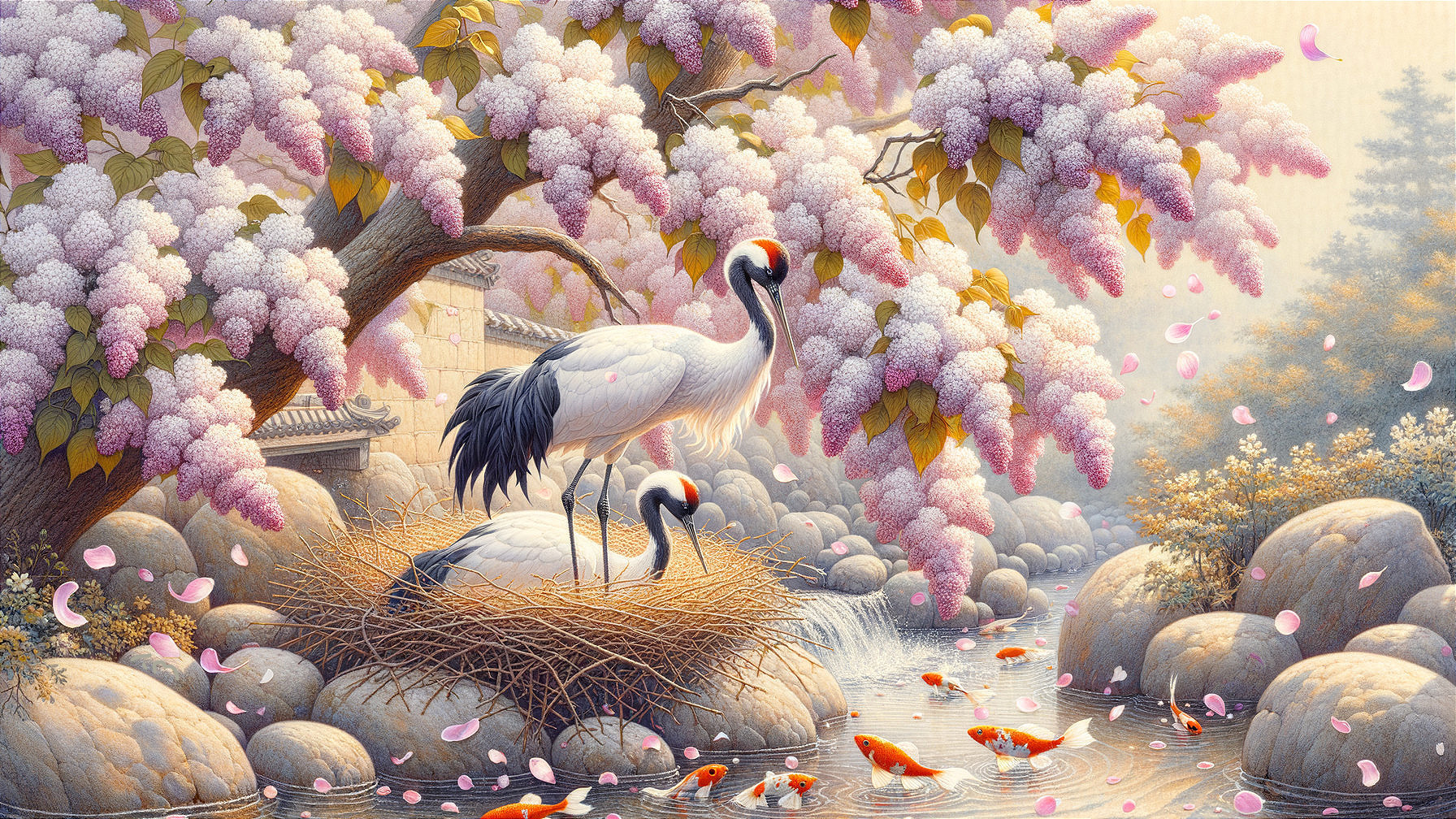Tranquil Landscape with Cranes and Koi Fish