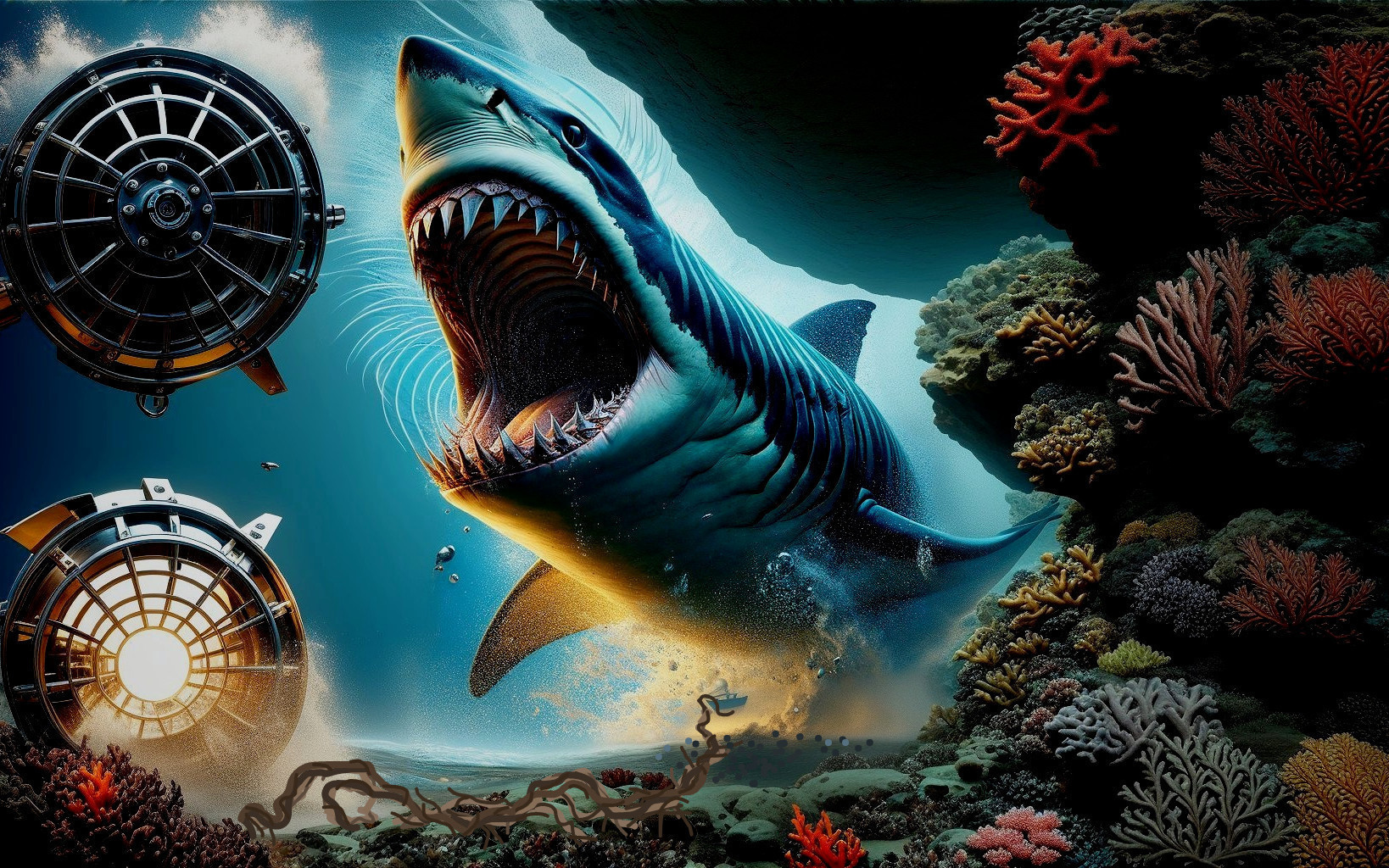 Digital Artwork of Shark in Underwater Scene