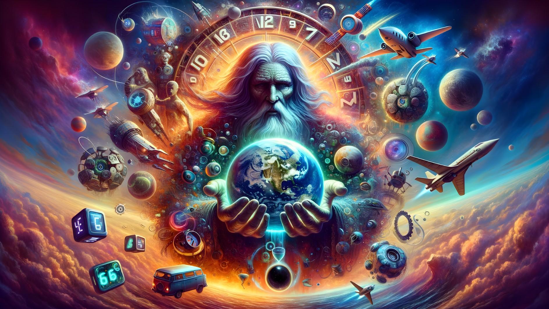 Cosmic Scene of a Majestic Figure Holding Earth