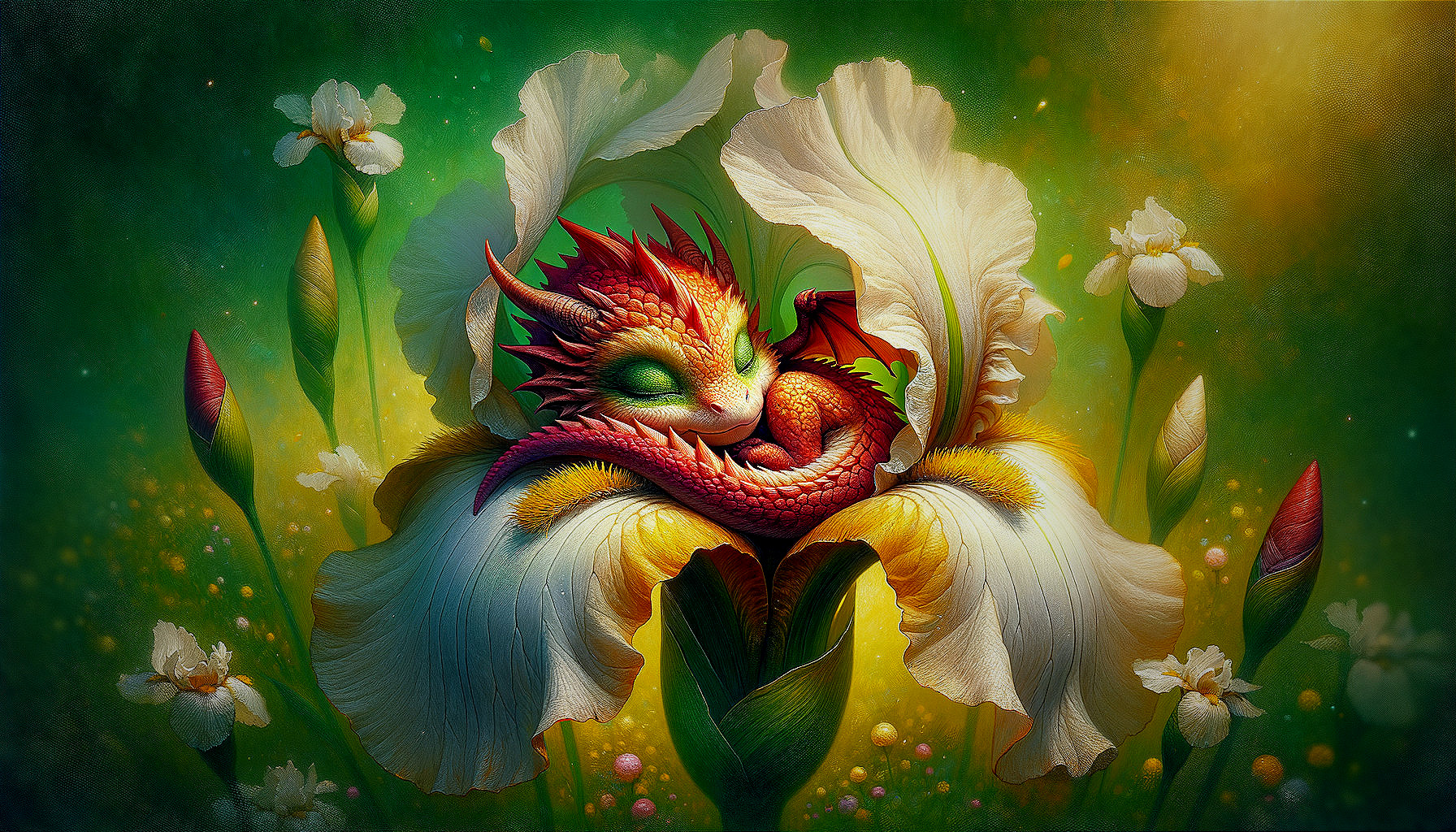 Red Dragon Nestled in White Iris Flower Scene