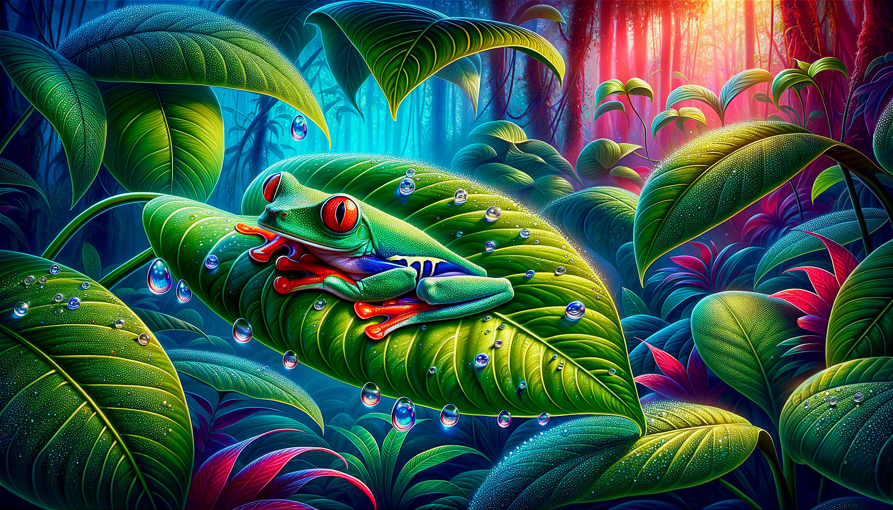 Vibrant Rainforest Scene with Colorful Frog and Foliage