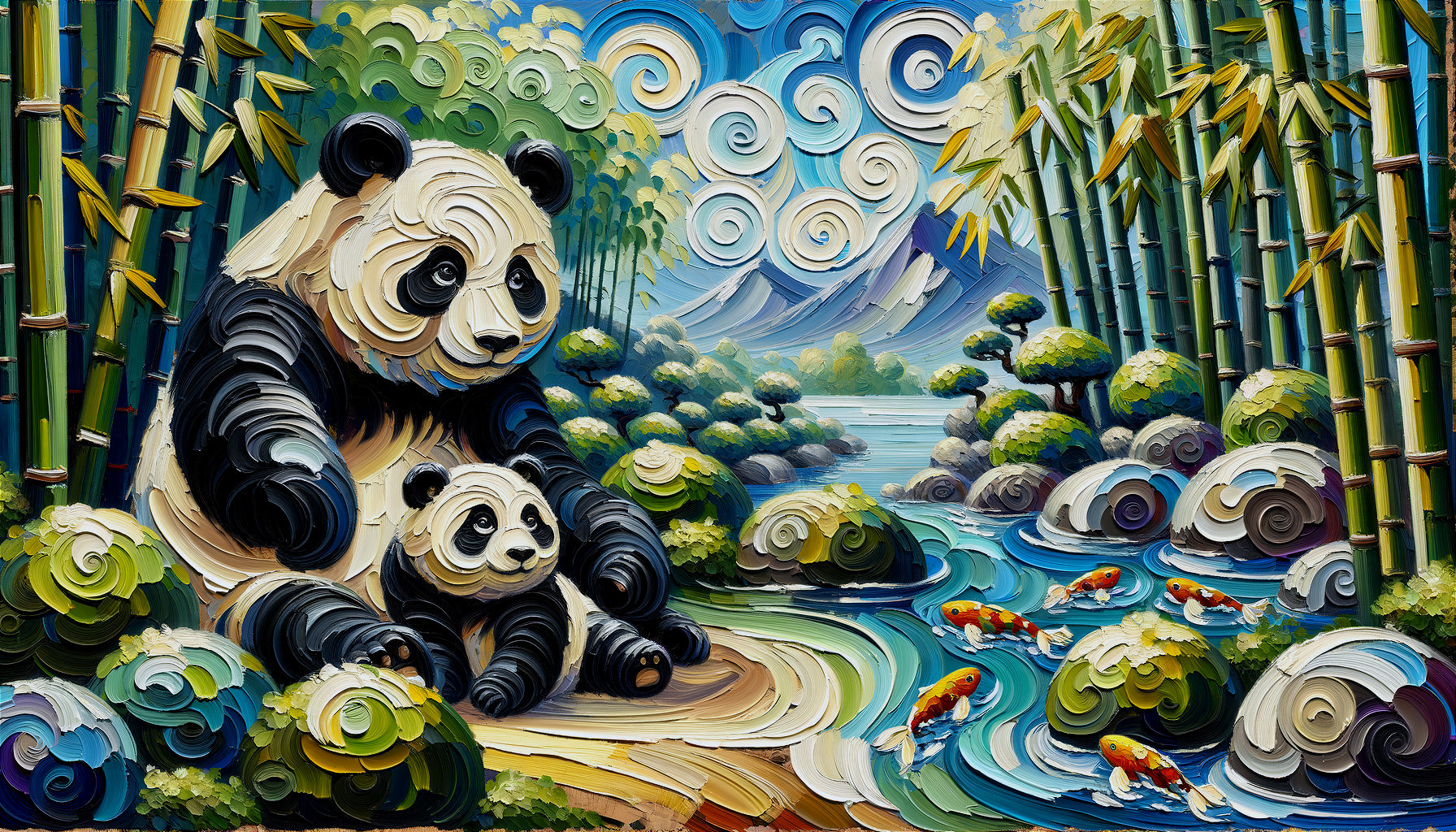 Colorful Pandas in Stylized Bamboo Landscape with Koi Fish
