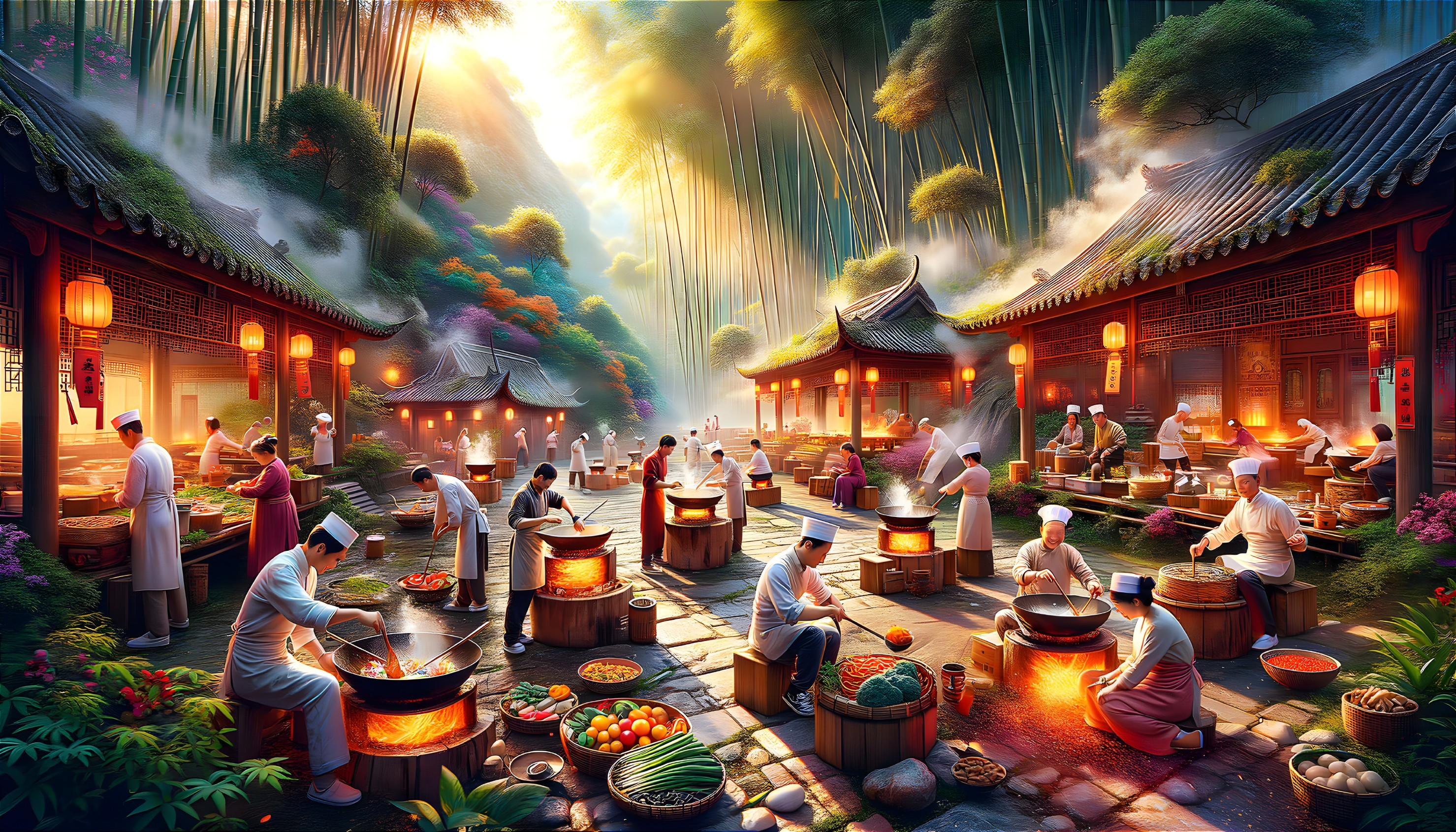 Outdoor Market with Bamboo Trees and Chefs Cooking
