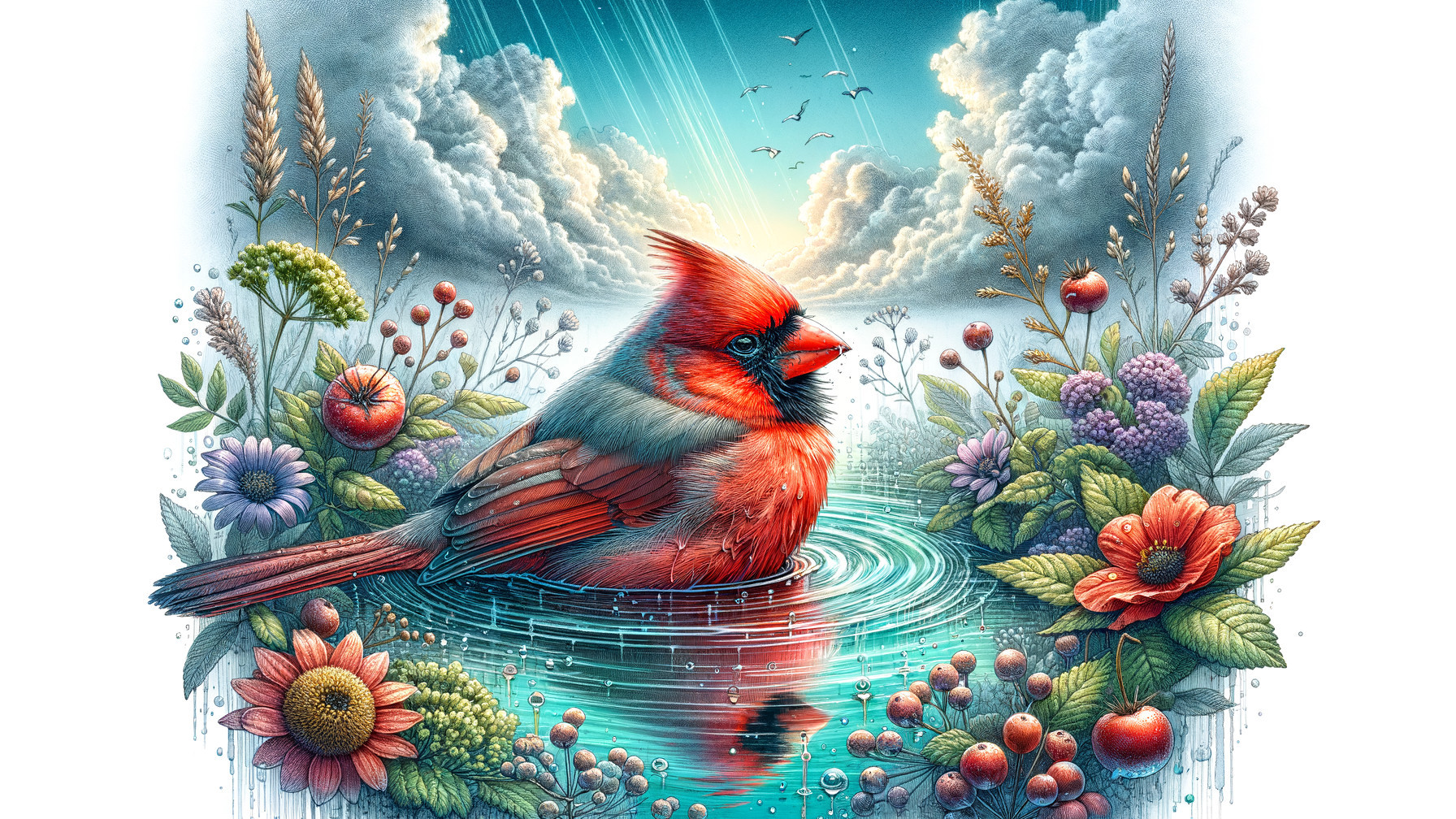 Red Cardinal in Serene Pond with Lush Greenery