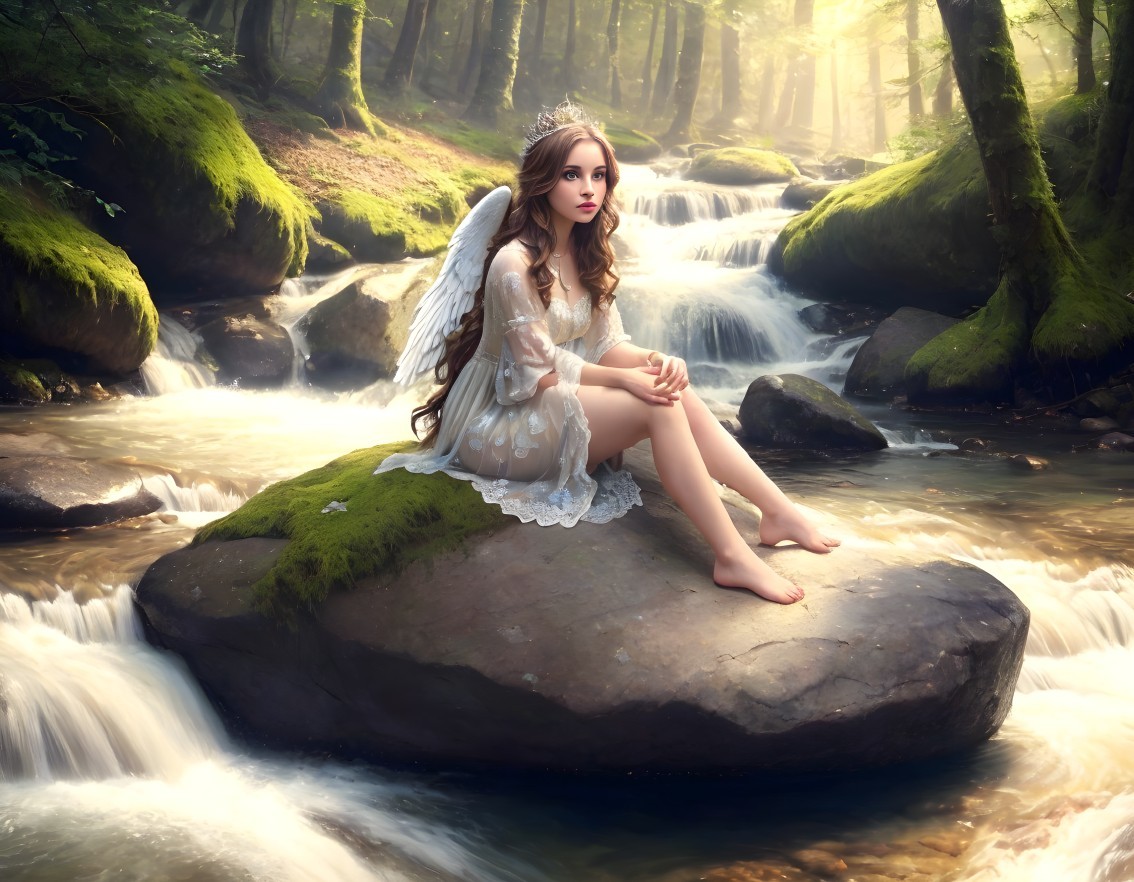 Angel-winged woman in serene forest by cascading stream