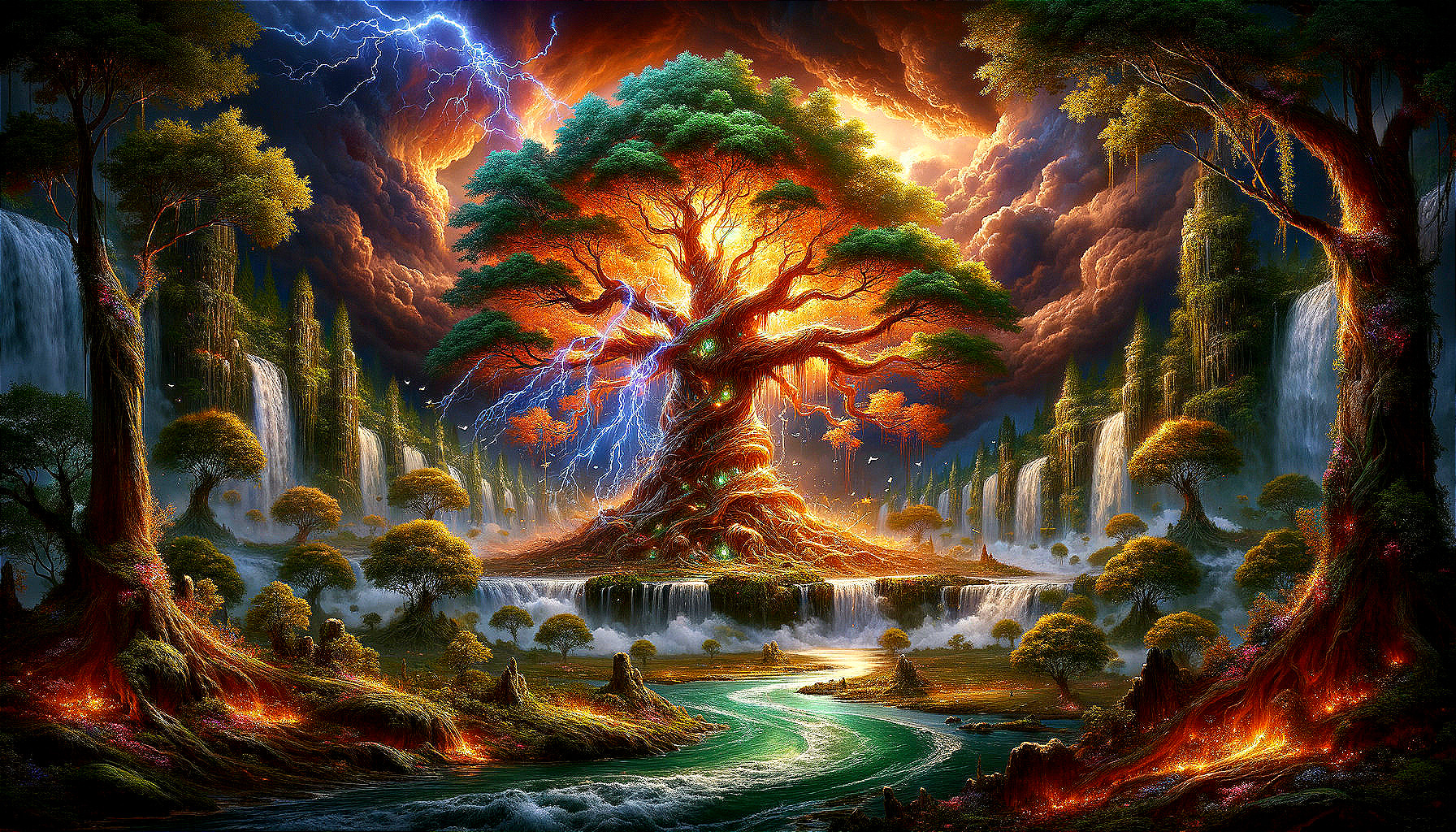 Majestic Tree in Vibrant Landscape with Waterfalls