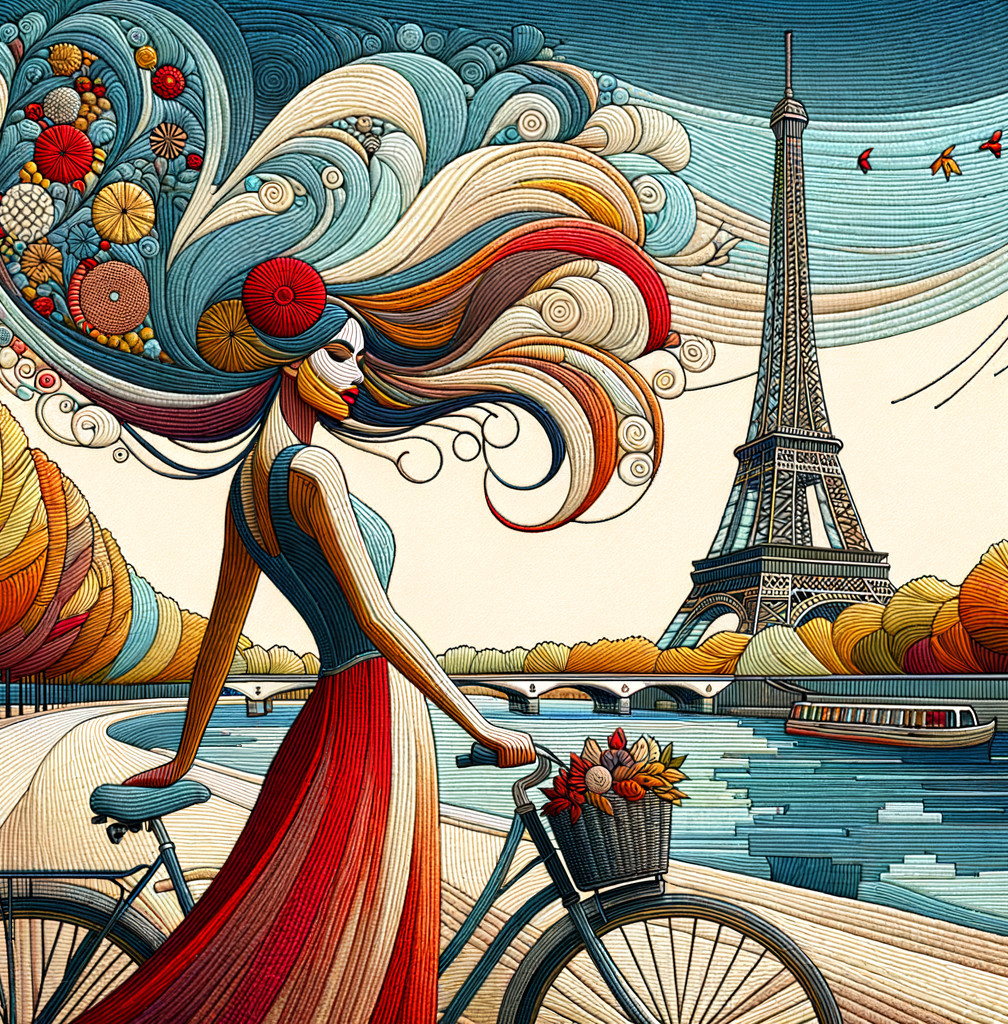 Stylized Woman Biking by Scenic Riverbank and Eiffel Tower