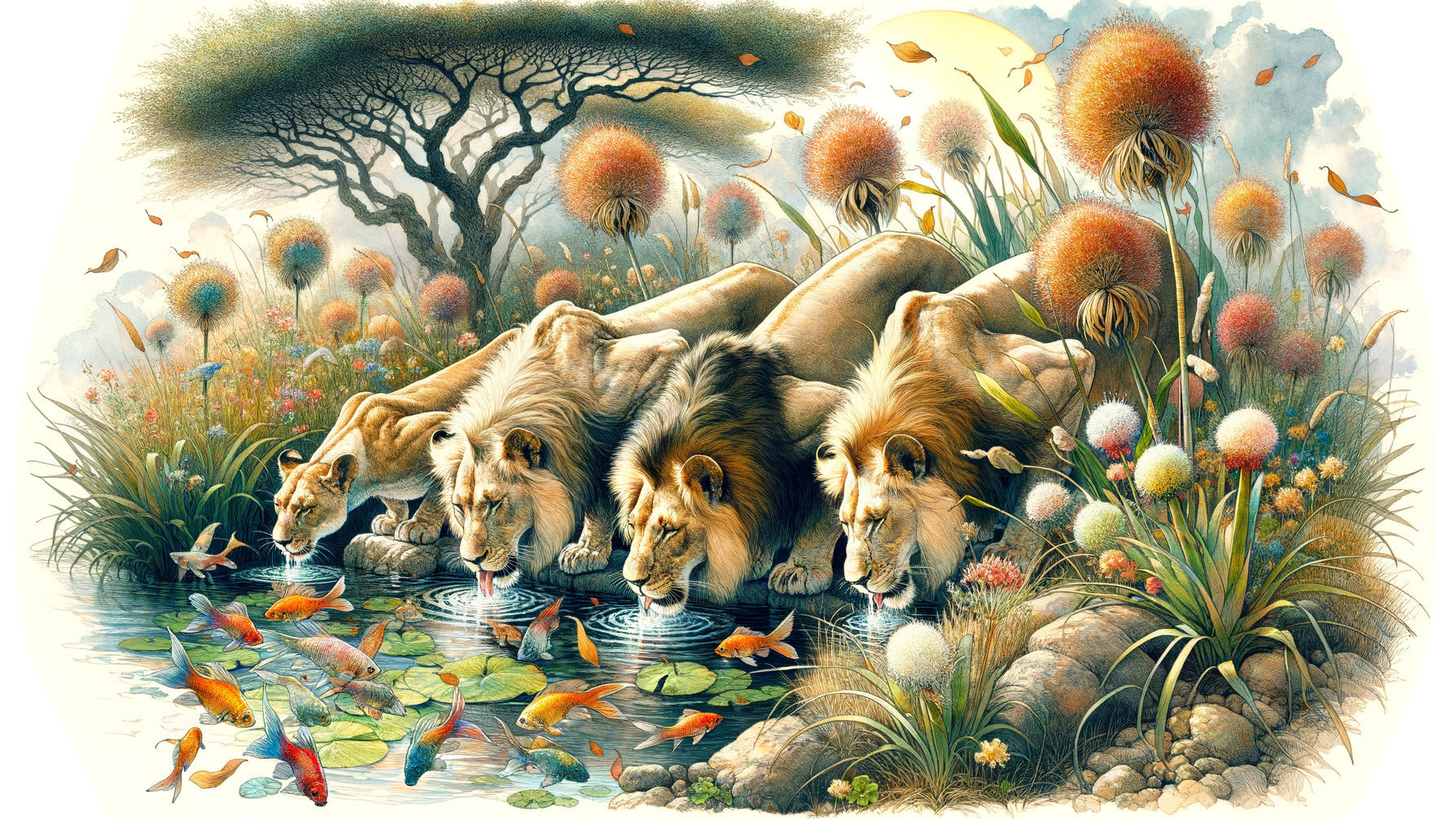 Lions at a Tranquil Water Source with Lush Surroundings