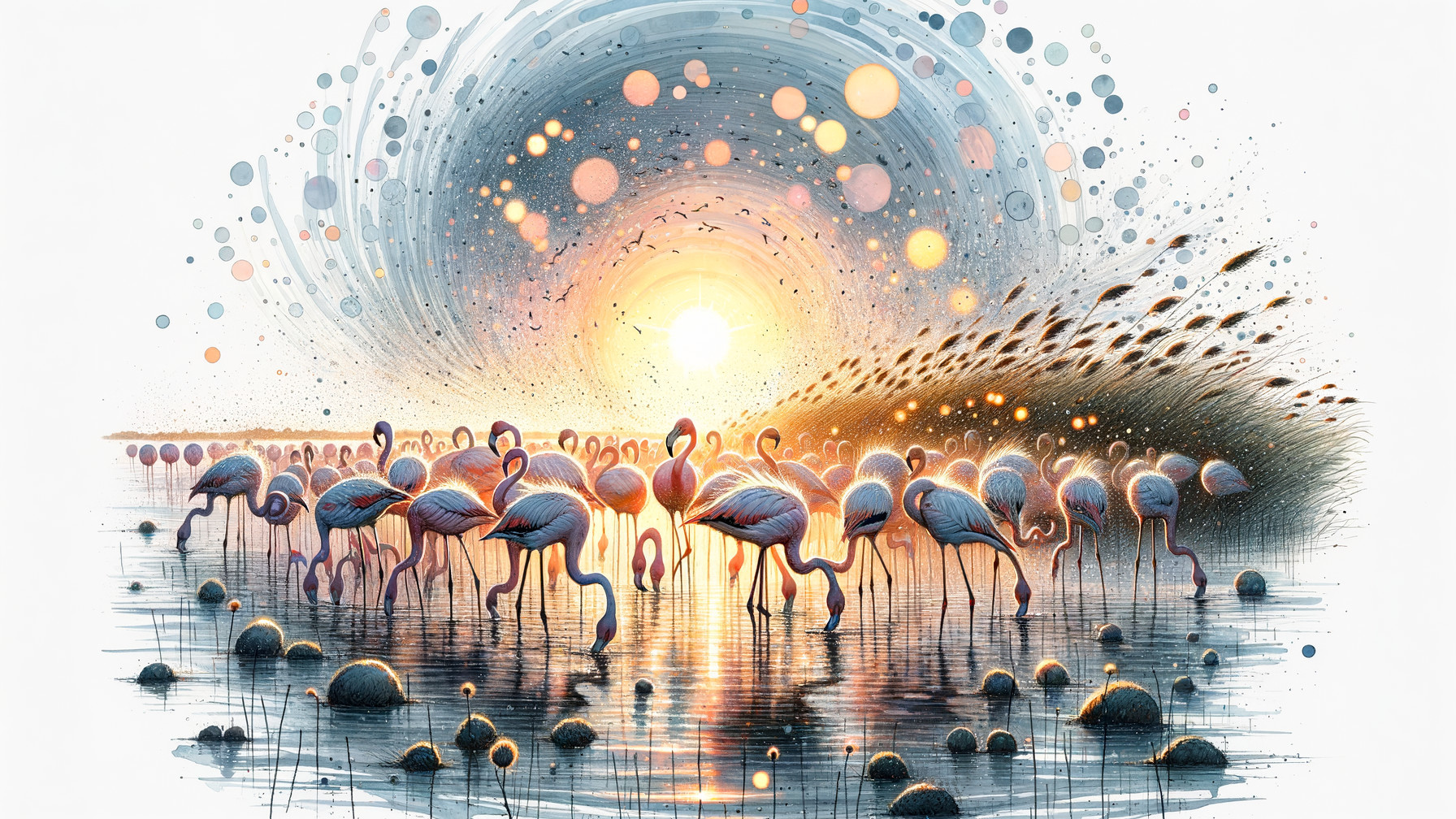 Flamingos Wading in Shallow Waters at Sunrise