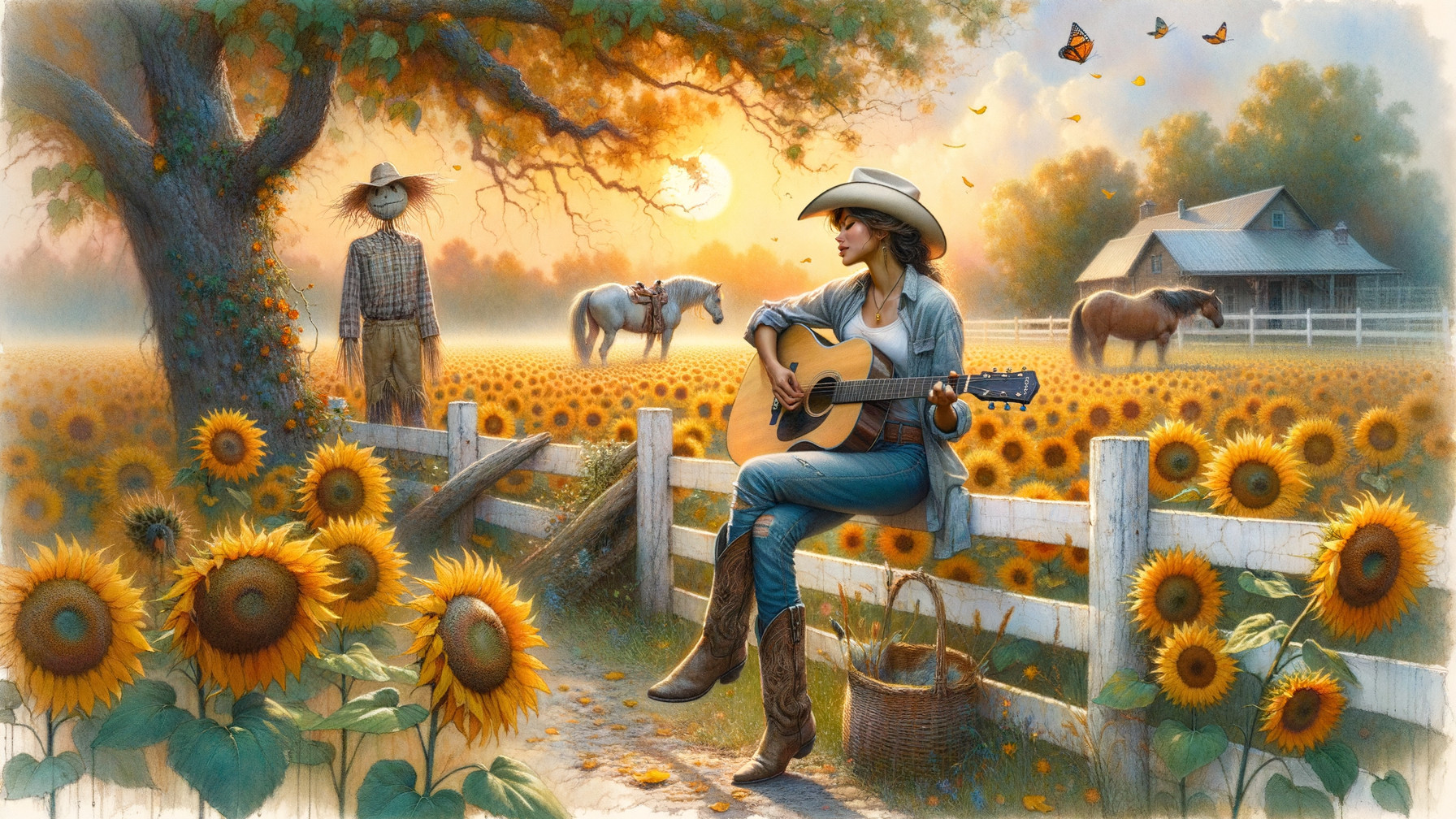 Woman in Cowboy Boots Plays Guitar at Sunset