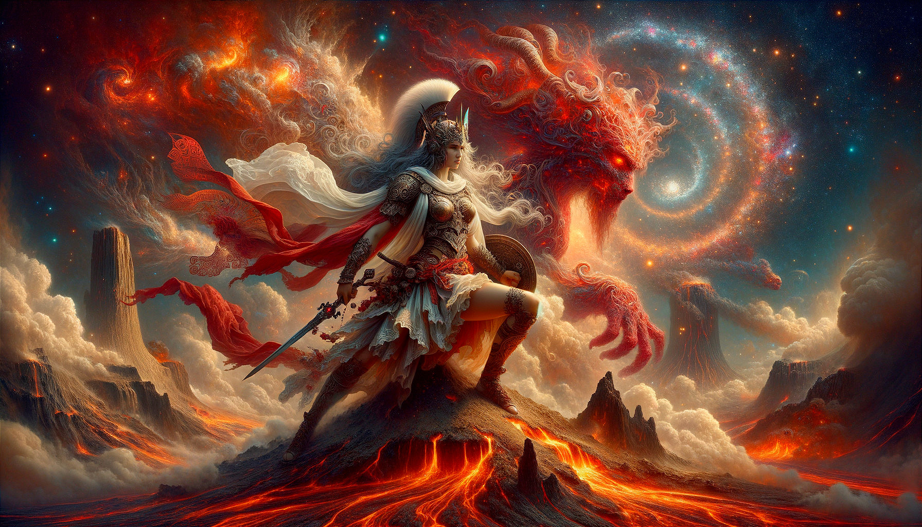 Warrior in Armor on Volcanic Landscape with Galaxy Backdrop