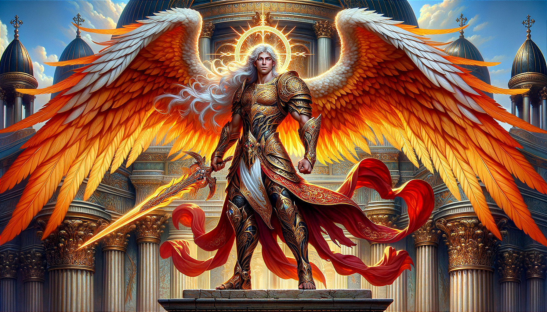 Majestic Angelic Figure in Golden Armor with Wings