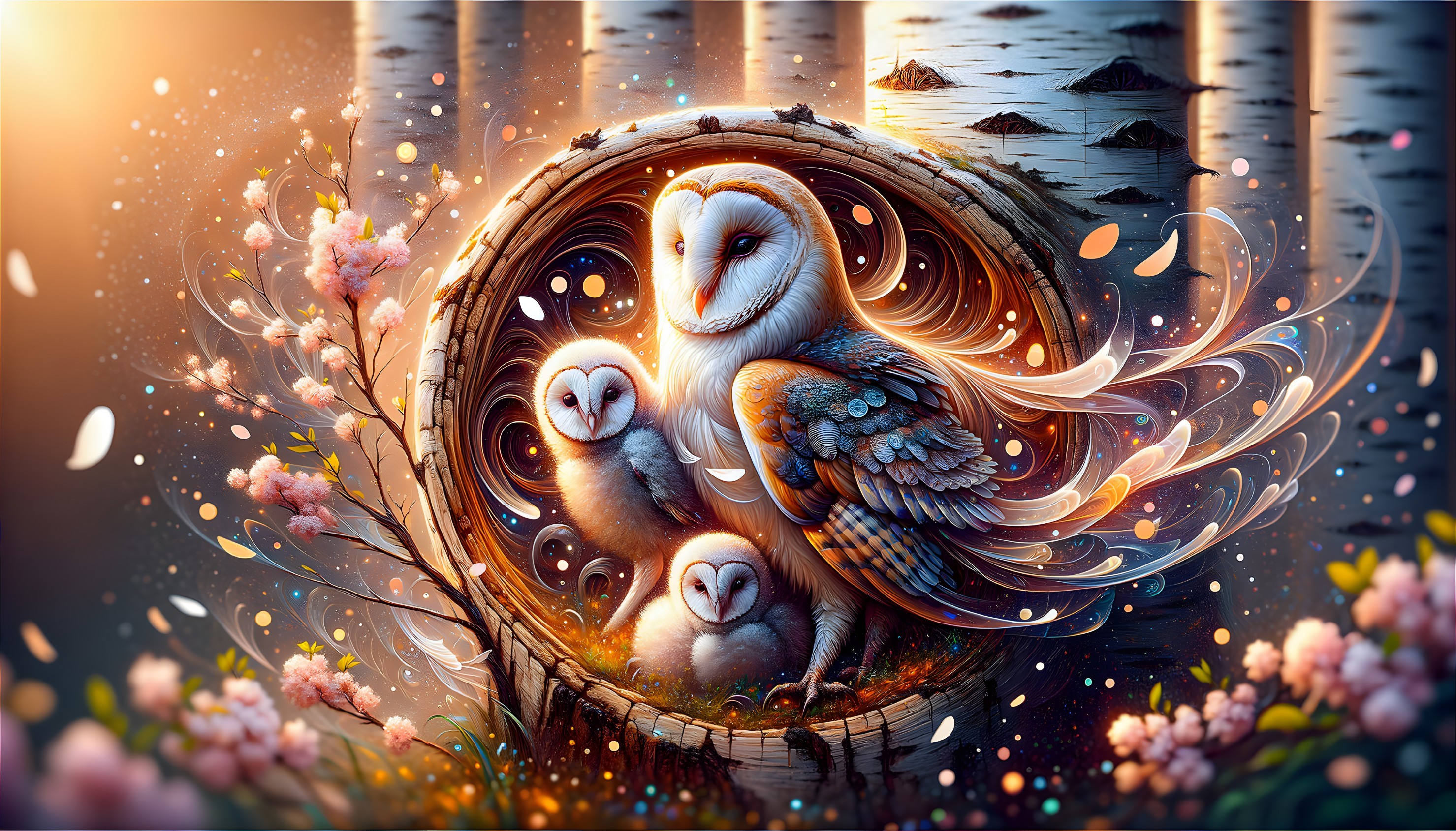 Mother Barn Owl and Chicks in a Cozy Nest Scene