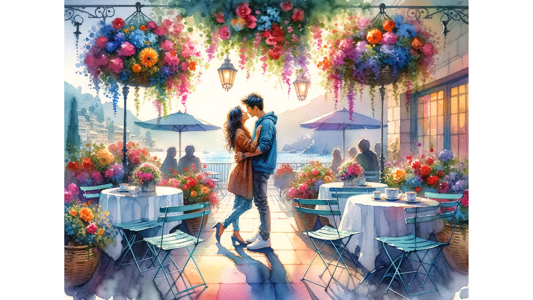Romantic terrace scene with flowers and waterfront views