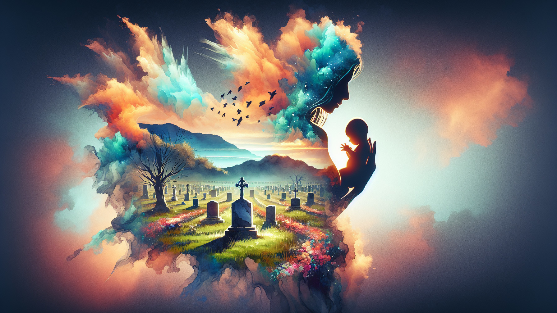 Surreal Landscape of Life and Death with Gravestones