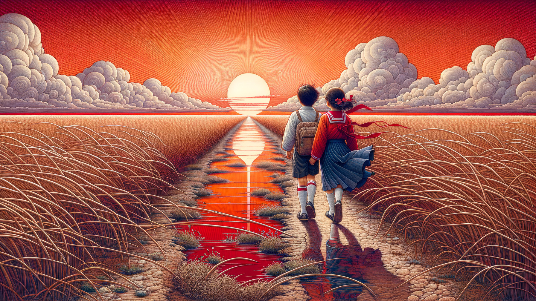 Anime Scene of Two Walkers on a Sunset Path