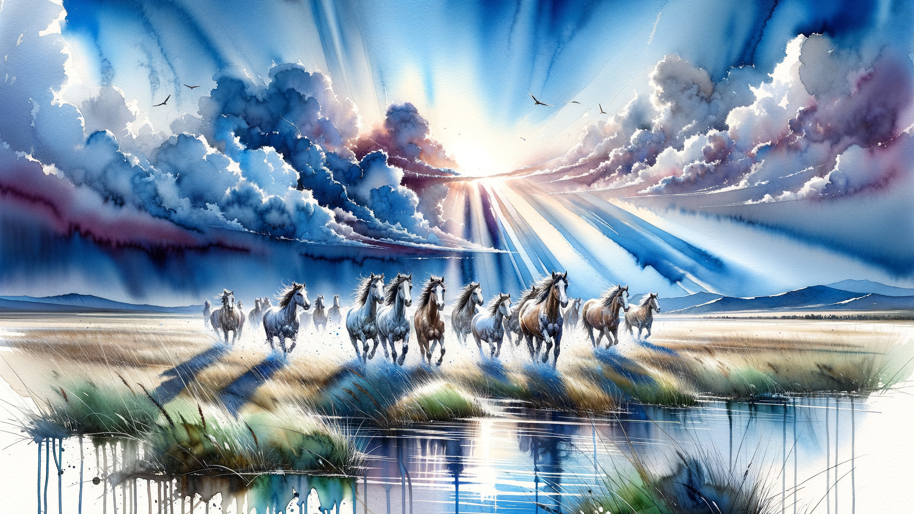 Watercolor of Wild Horses Galloping by Water Body