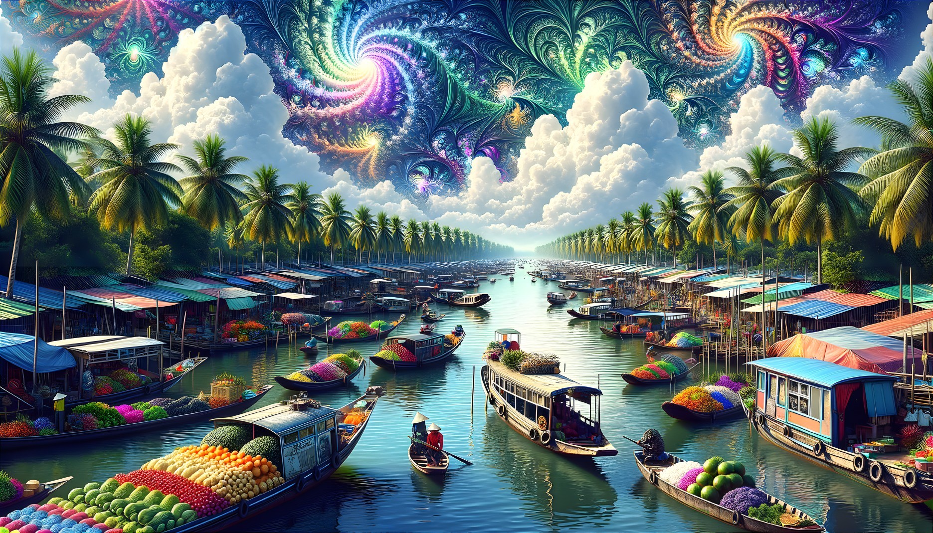 Vibrant River Market with Colorful Boats and Produce