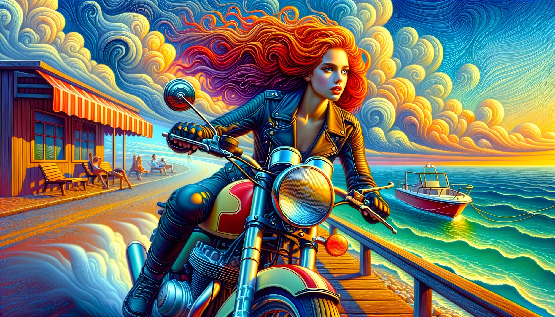 Woman with Red Hair on Motorcycle by the Ocean