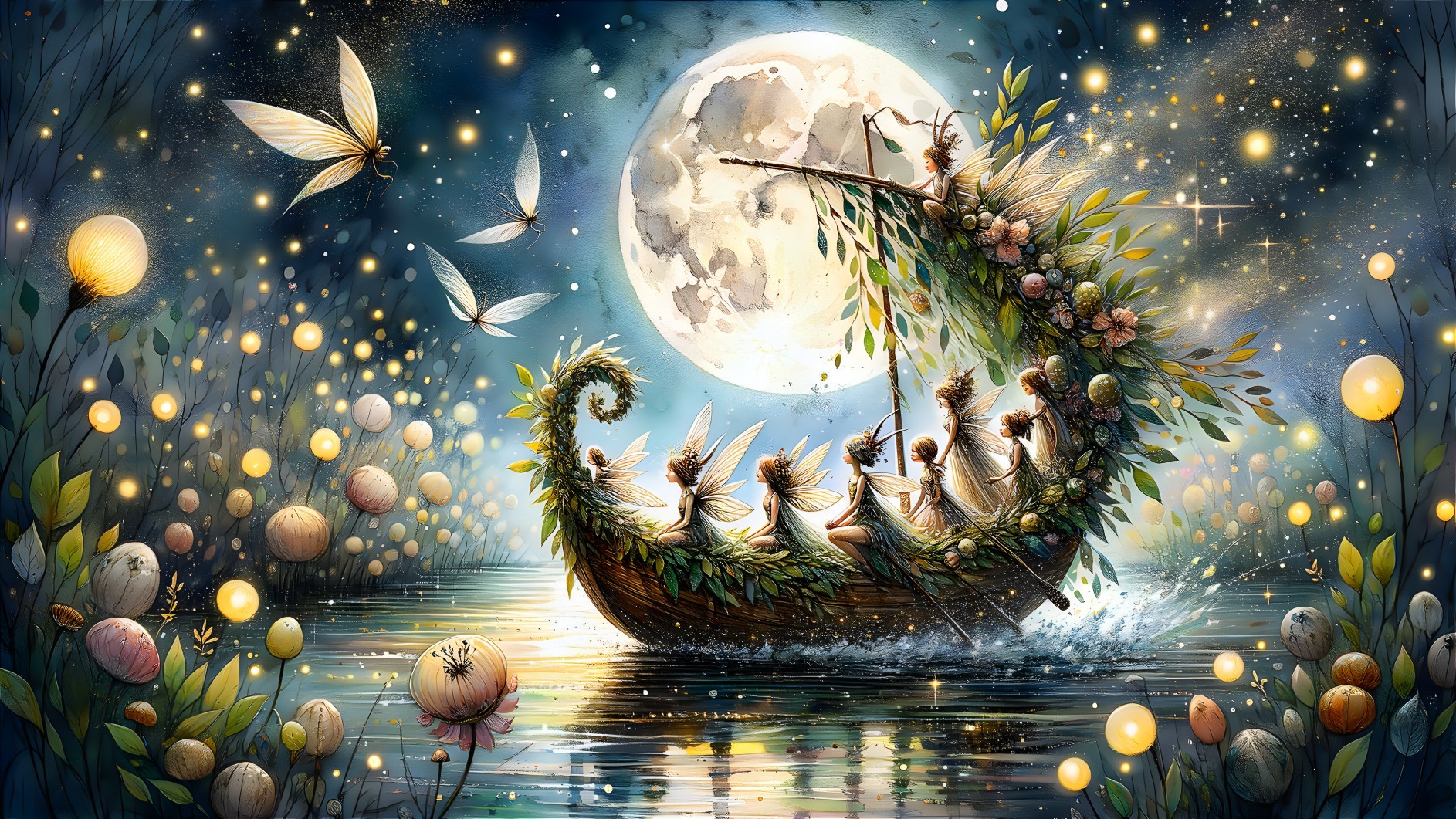 Ethereal Fairies in a Moonlit Boat Scene