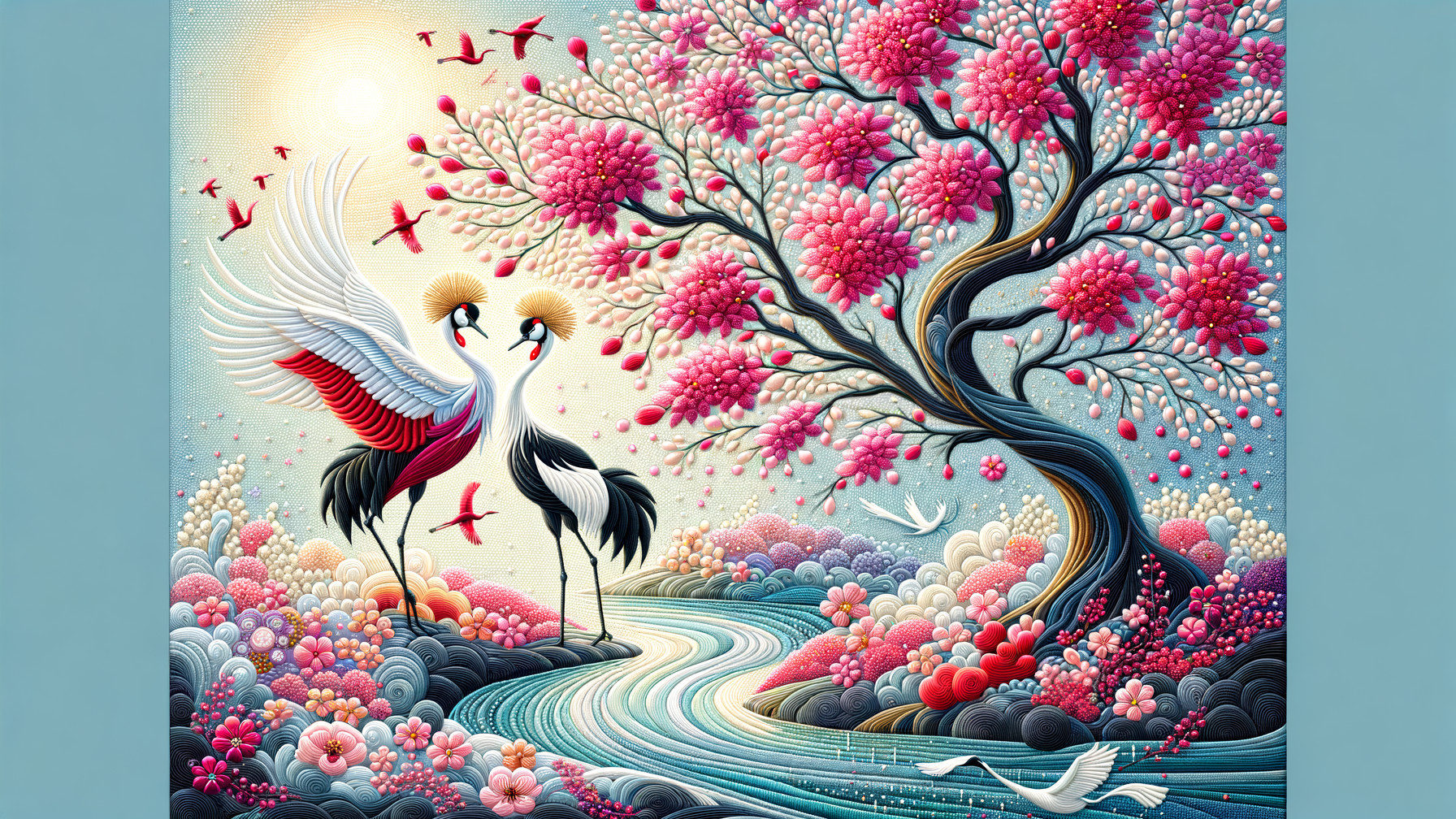 Stylized Scene of Cranes by a Serene River