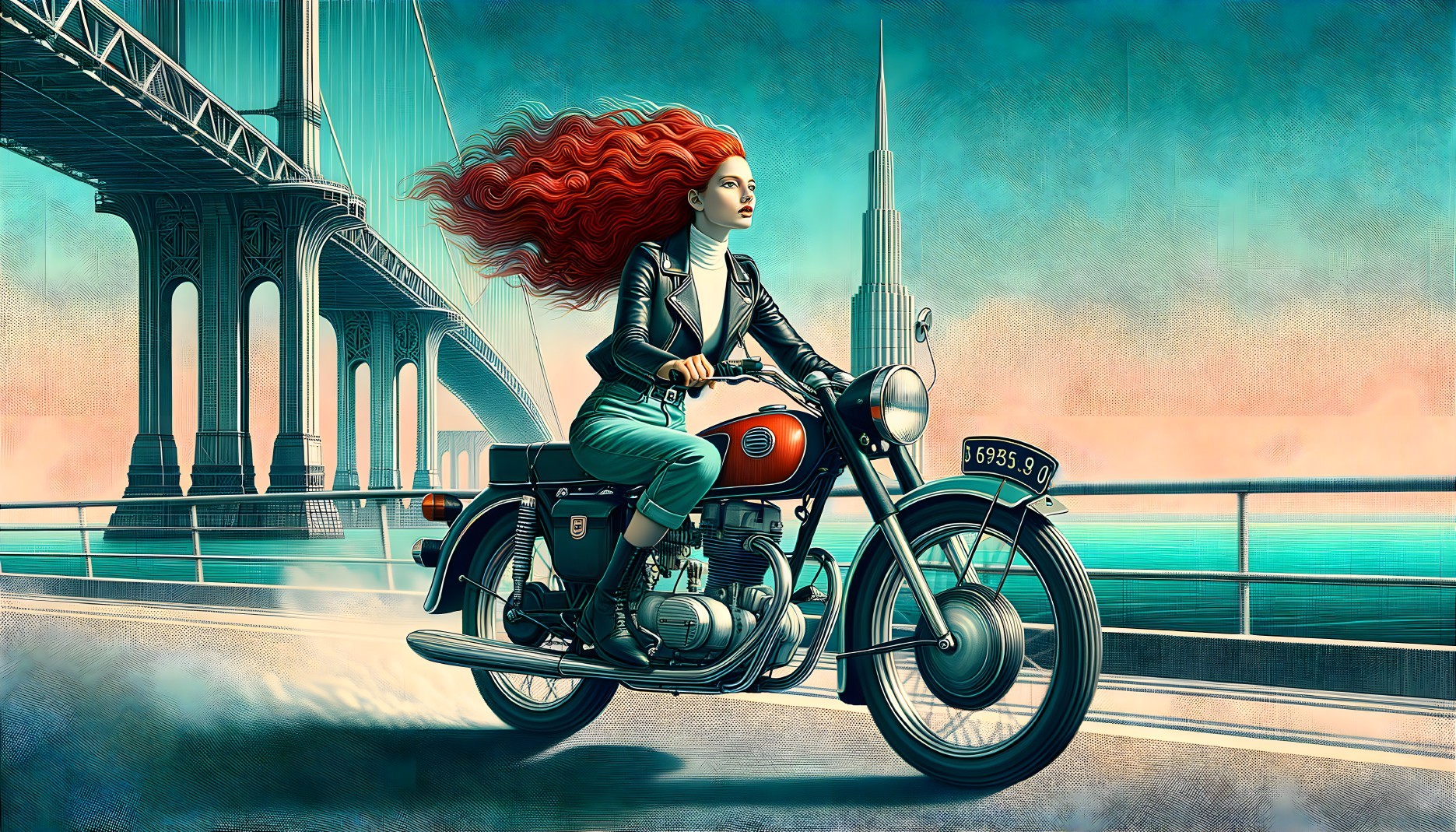 Woman with Red Hair Riding Motorcycle on Coastal Road