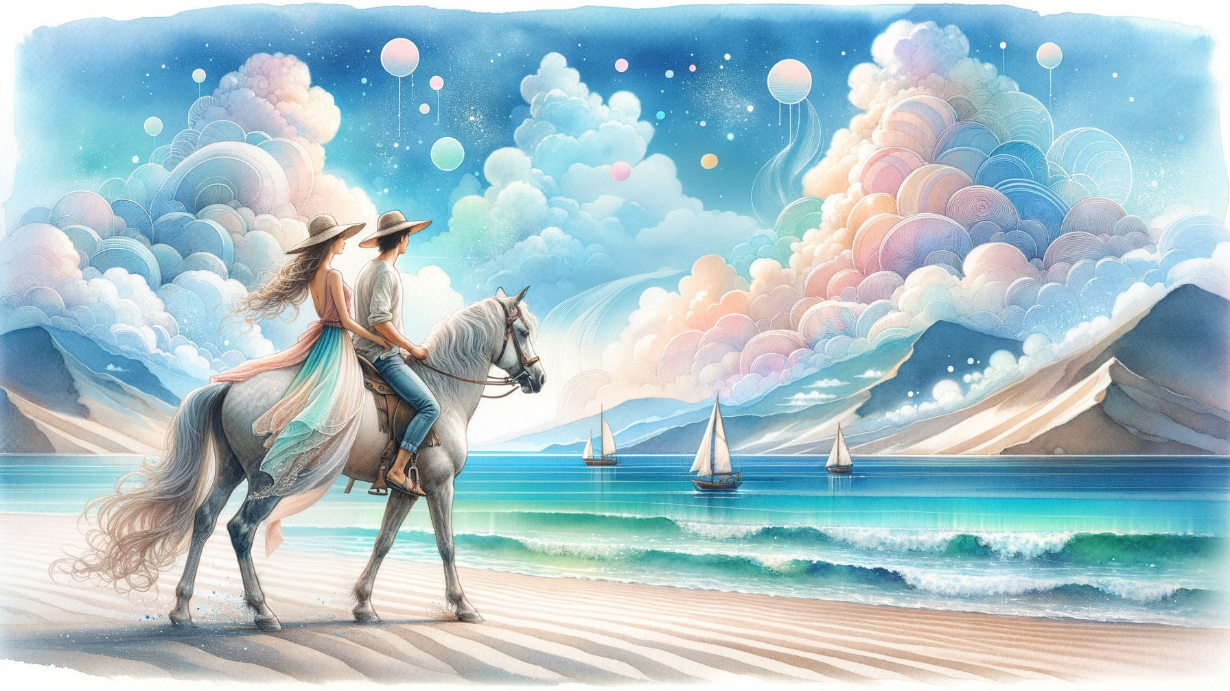 Beach Scene with Couple on Horse at Sunset