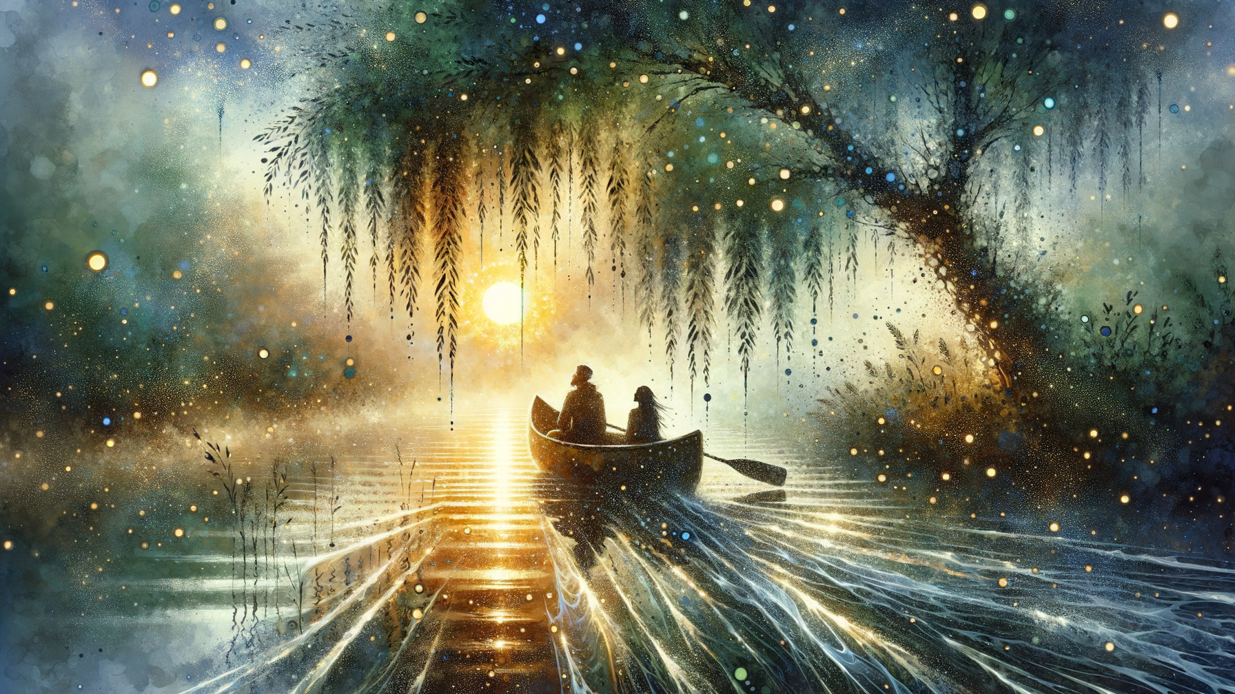 Serene Scene of Figures in Boat on Tranquil Lake