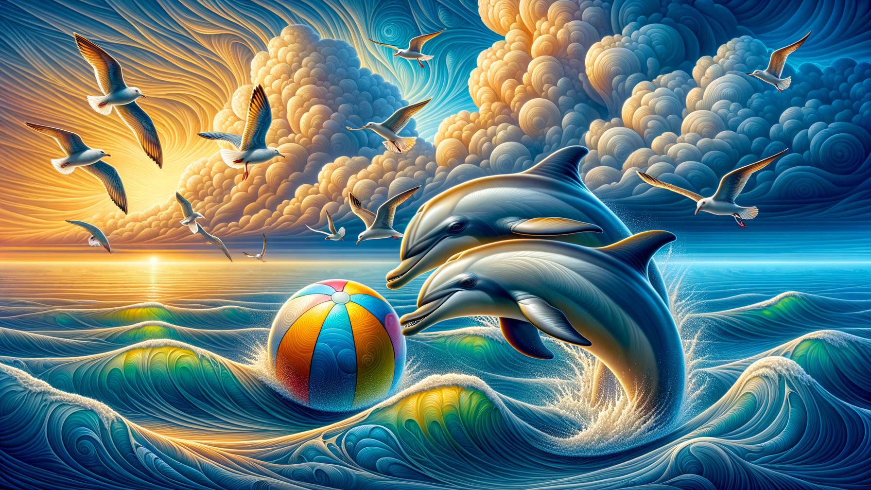 Dolphins Playfully Interact with Beach Ball at Sunset