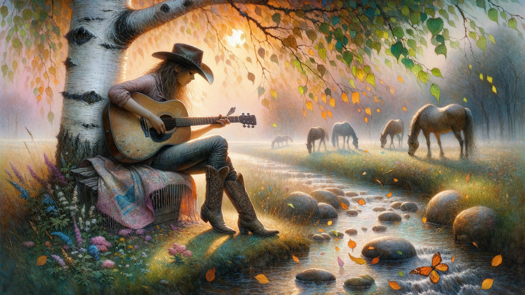 Woman in Cowboy Hat Playing Guitar by Stream