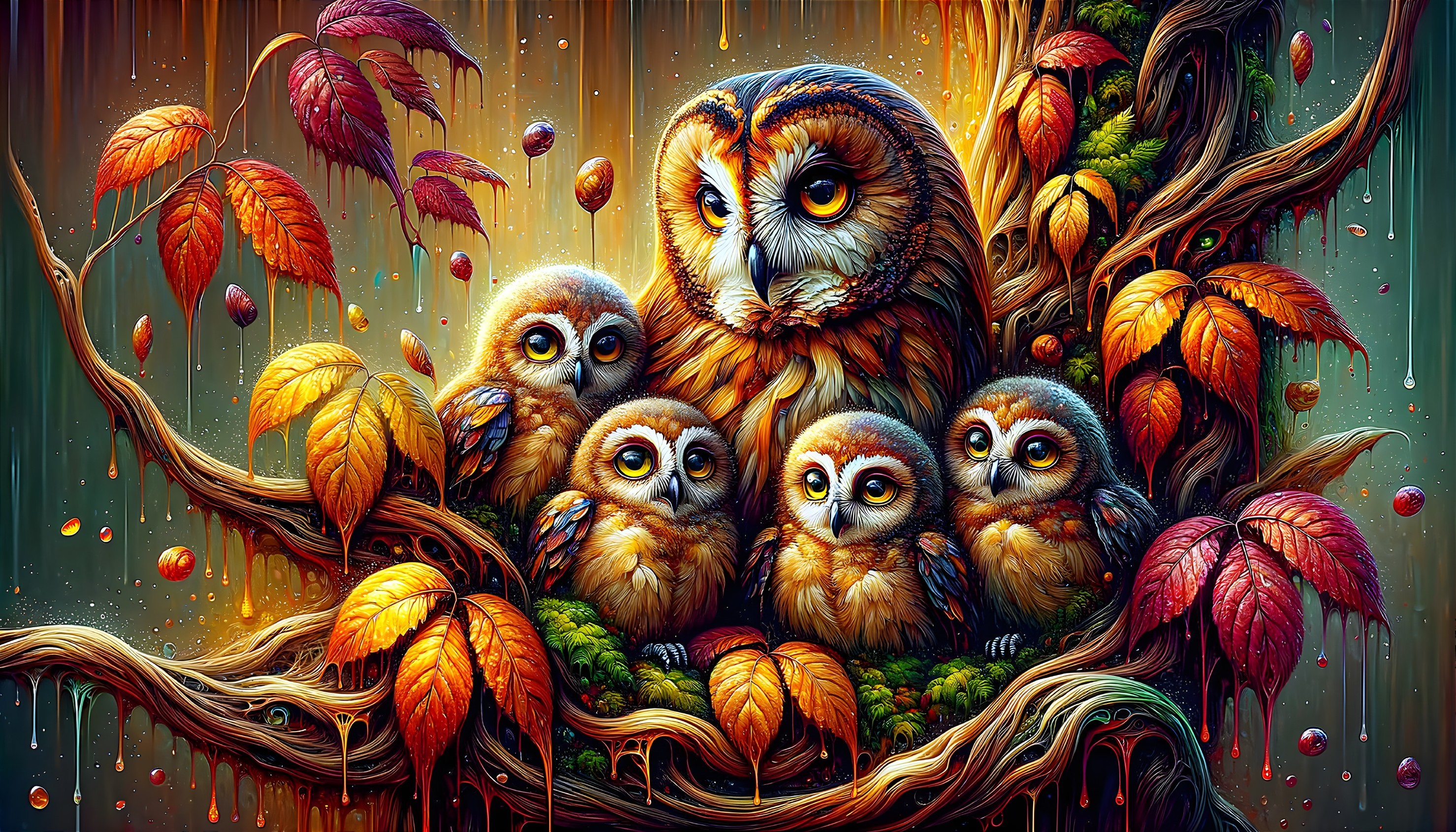 Owl Family Nestled in Vibrant Autumn Leaves Scene