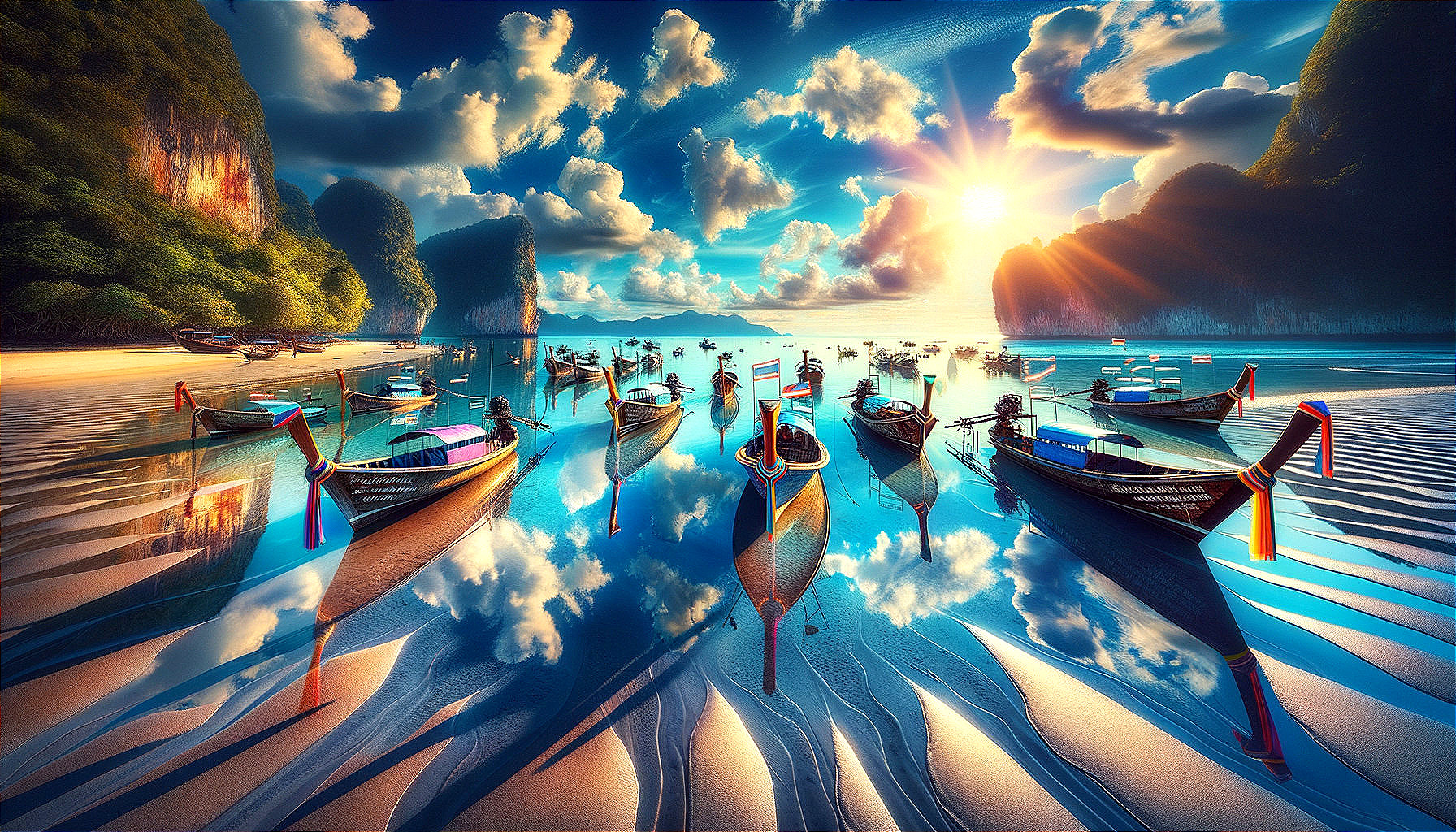 Paradise Reflections: Colorful Boats on Tranquil Shallow Water