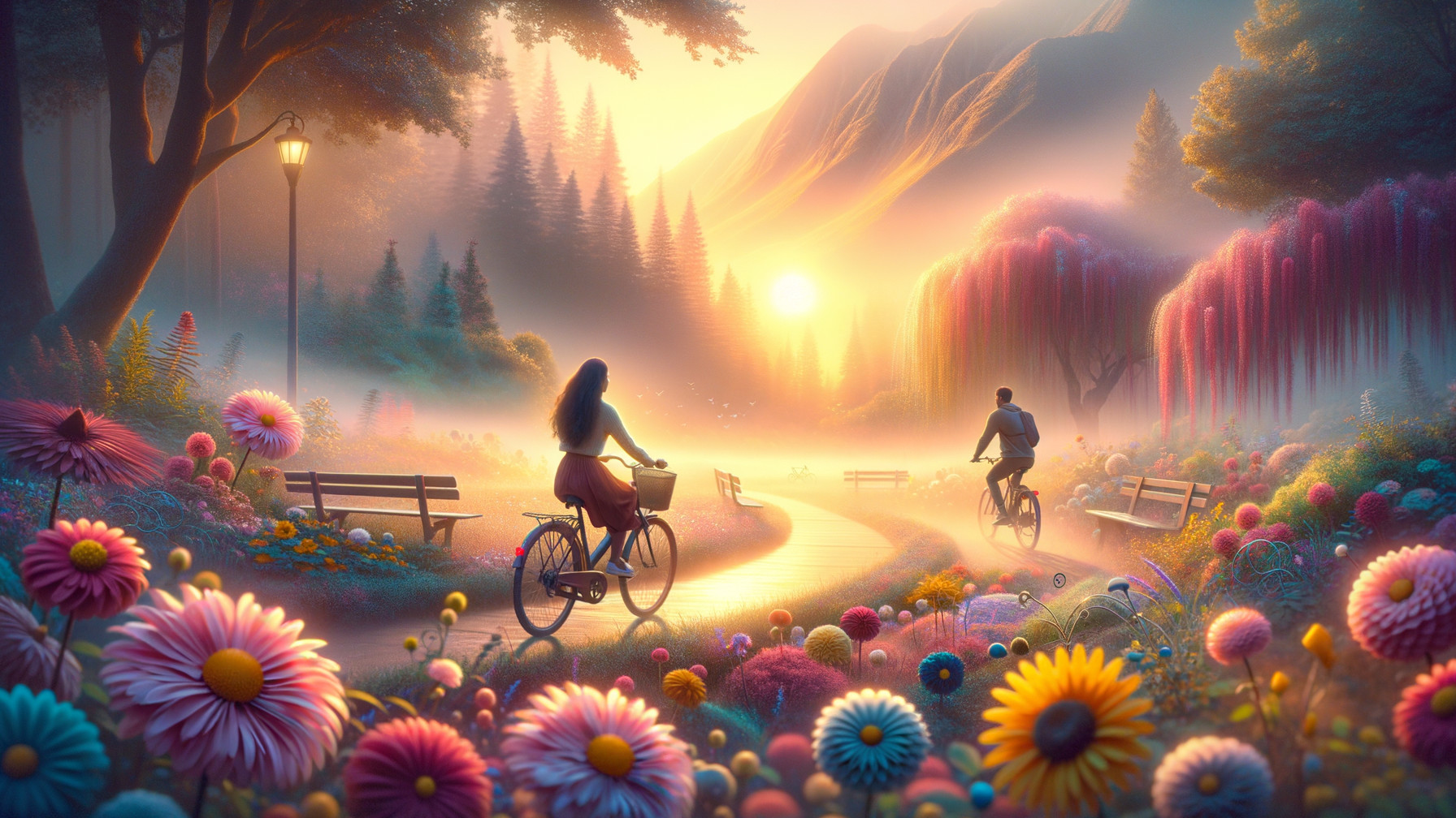 Serene Park at Sunrise with Cyclists and Flowers