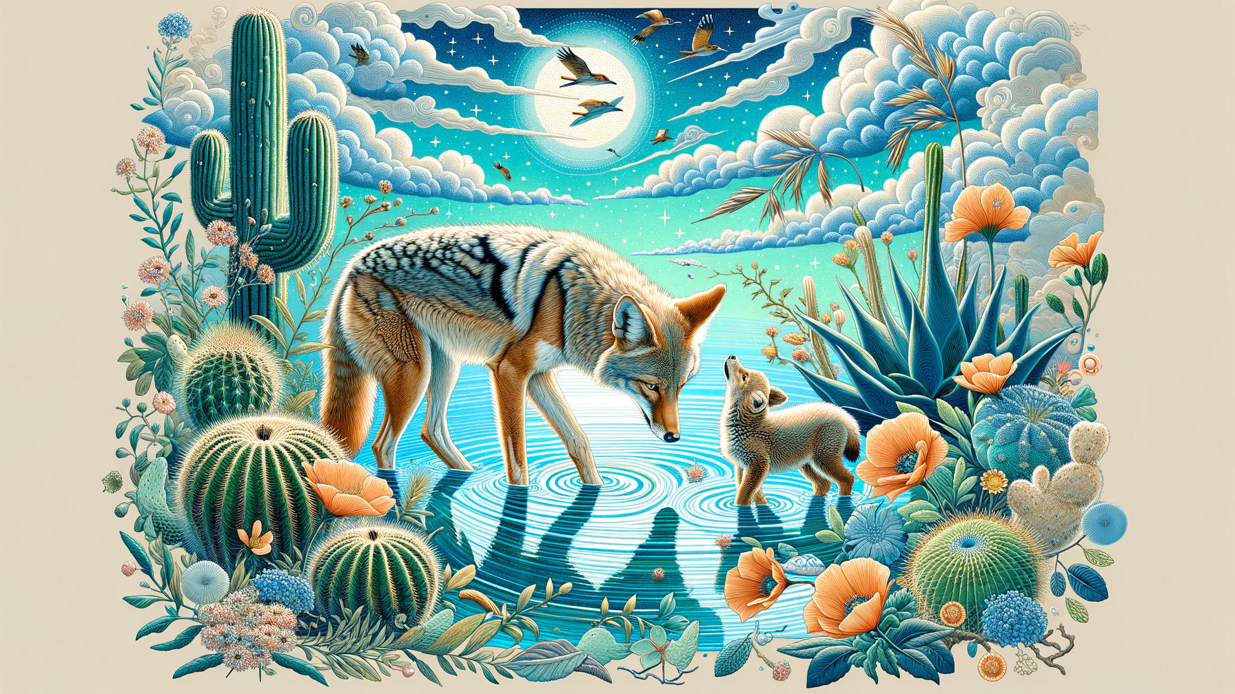Desert Scene with Coyote and Vibrant Flora