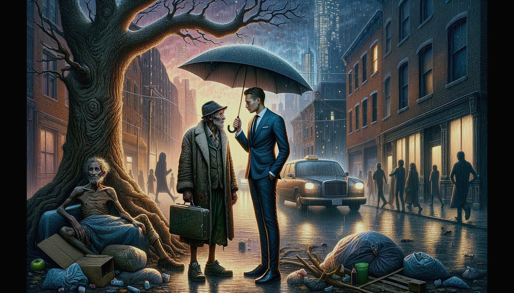 Urban Scene of Interaction Between Two Men in Rain