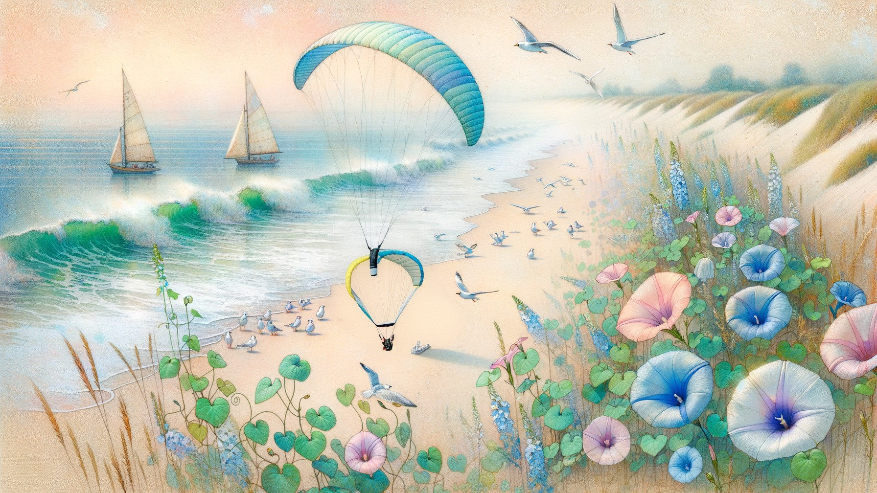 Serene Beach Scene with Paraglider and Wildflowers