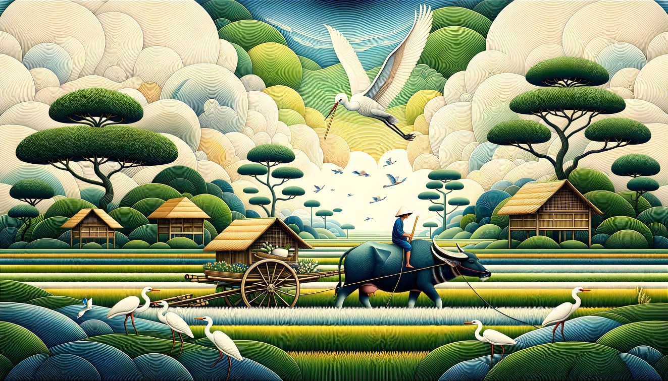 Serene Rural Landscape with Farmer and Ox-Drawn Cart