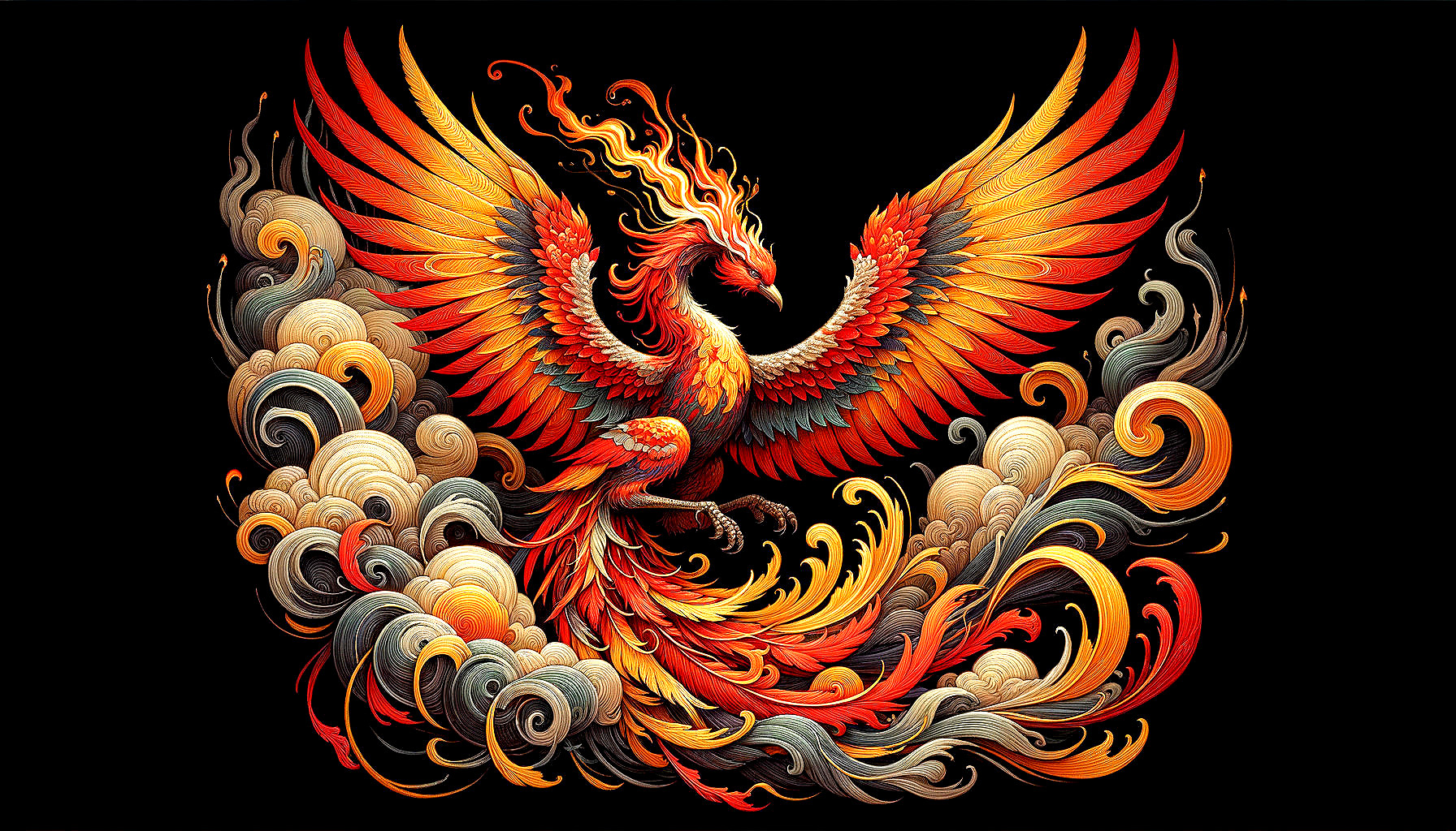 Majestic Phoenix Rising Amidst Flames and Clouds