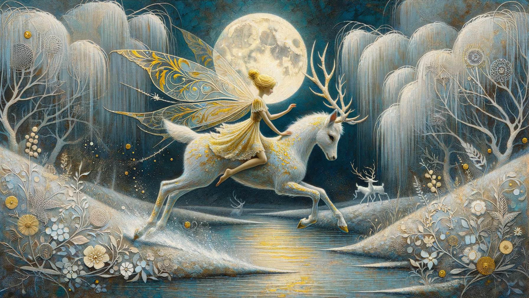 Art Nouveau Painting of Fairy and White Stag