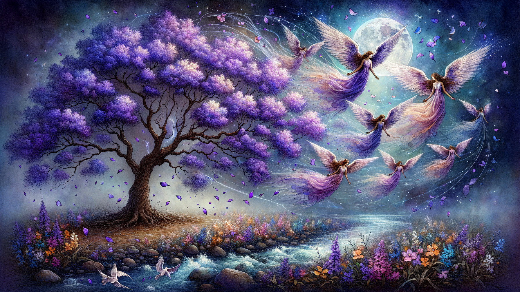 Fantasy Scene with Purple Tree and Ethereal Angels