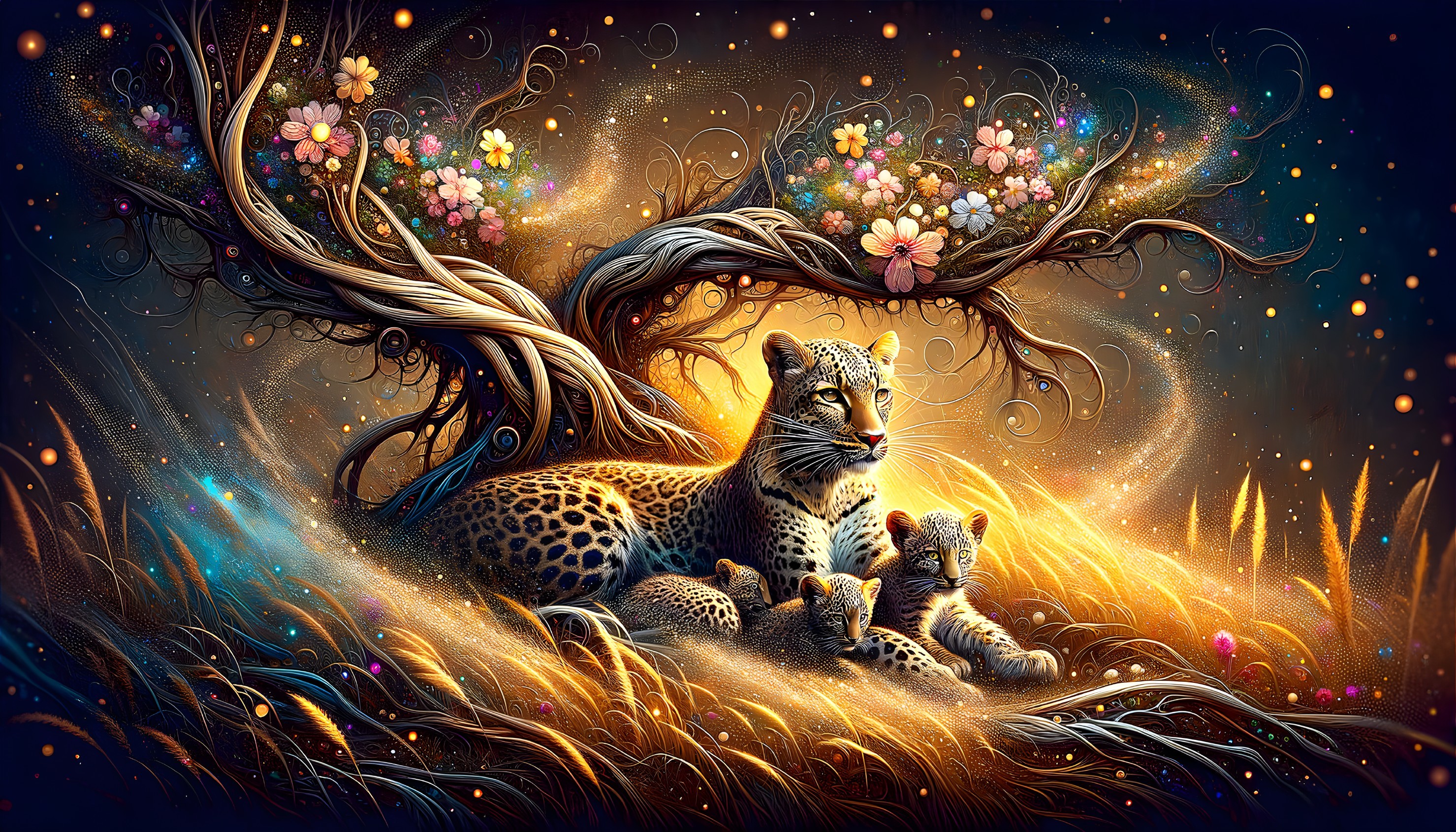 Mother Leopard and Cubs in Vibrant Natural Setting
