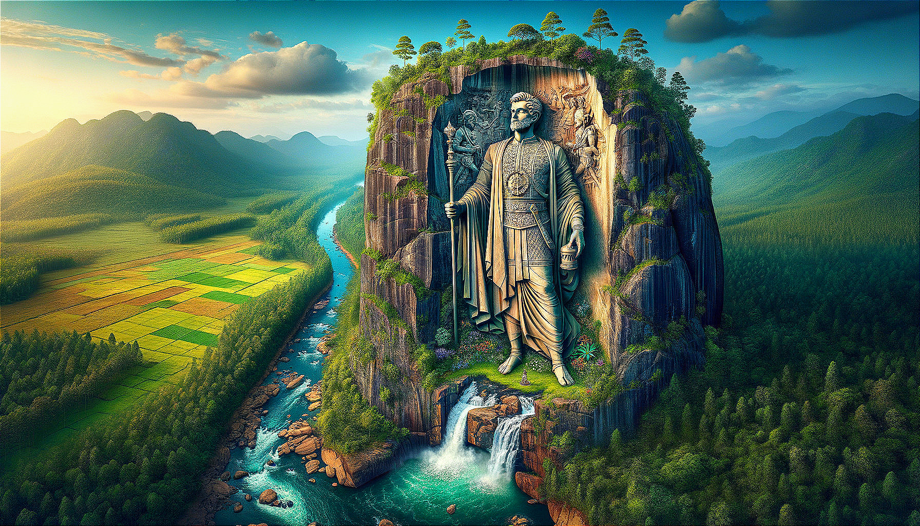 Colossal statue on rocky cliff with serene river view