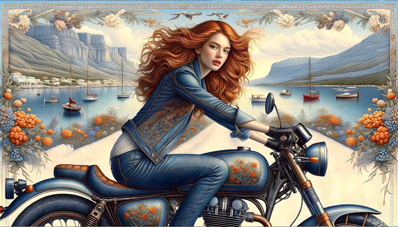 Woman with Red Hair Riding Motorcycle by Coastline