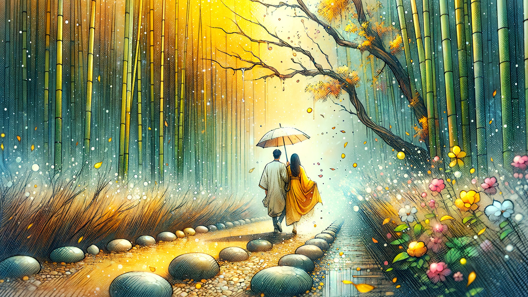 Couple with Umbrella in Colorful Bamboo Forest Illustration