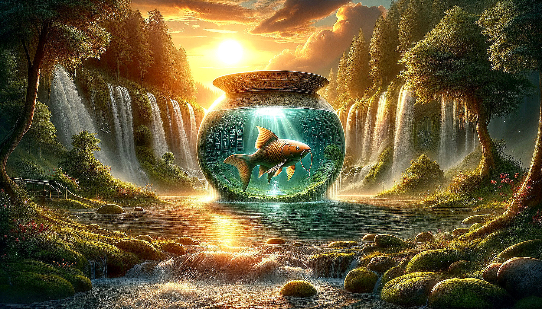 Serene Landscape with Crystal Fishbowl and Sunset