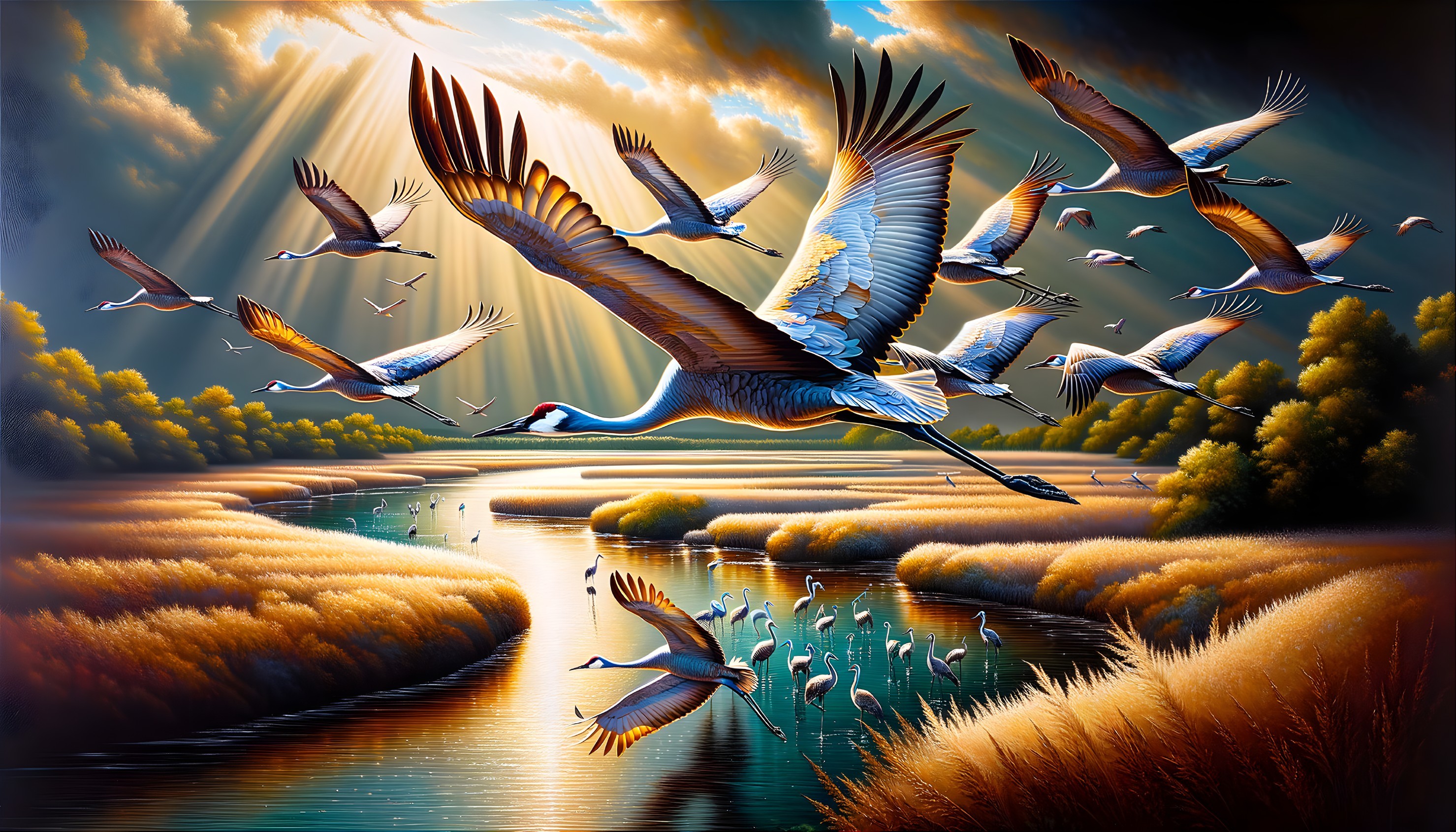 Serene Landscape with River and Soaring Cranes