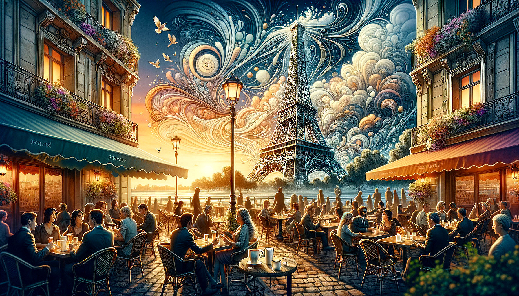 Vibrant Parisian Street Scene at Sunset with Eiffel Tower