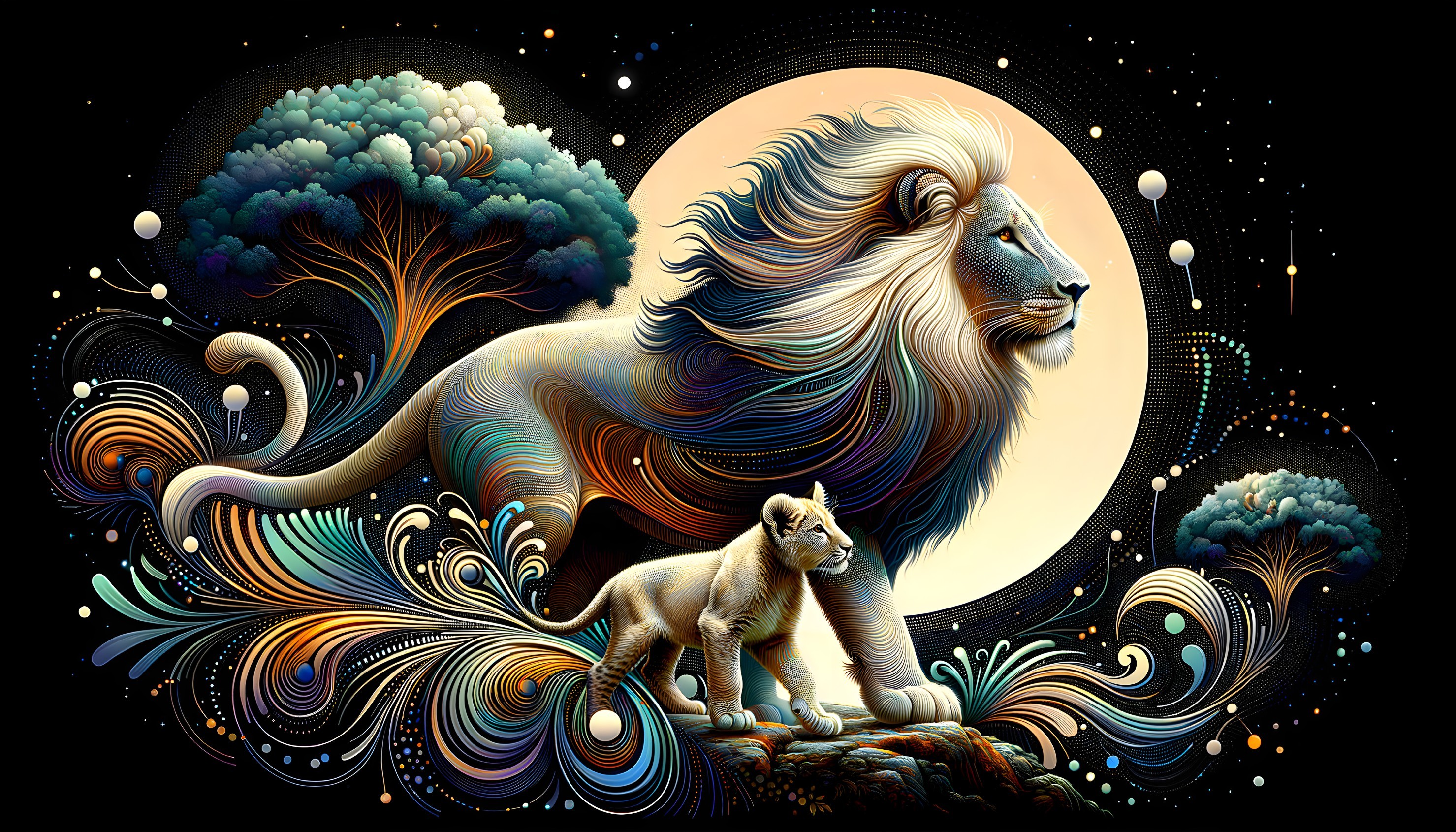 Lion and Cub in Vibrant Artistic Landscape