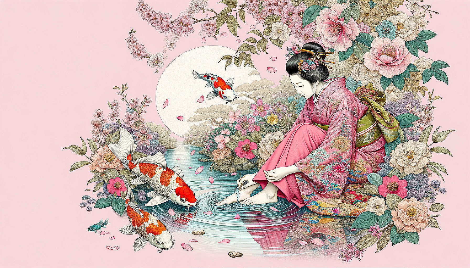 Woman in Pink Kimono by Tranquil Pond with Koi Fish