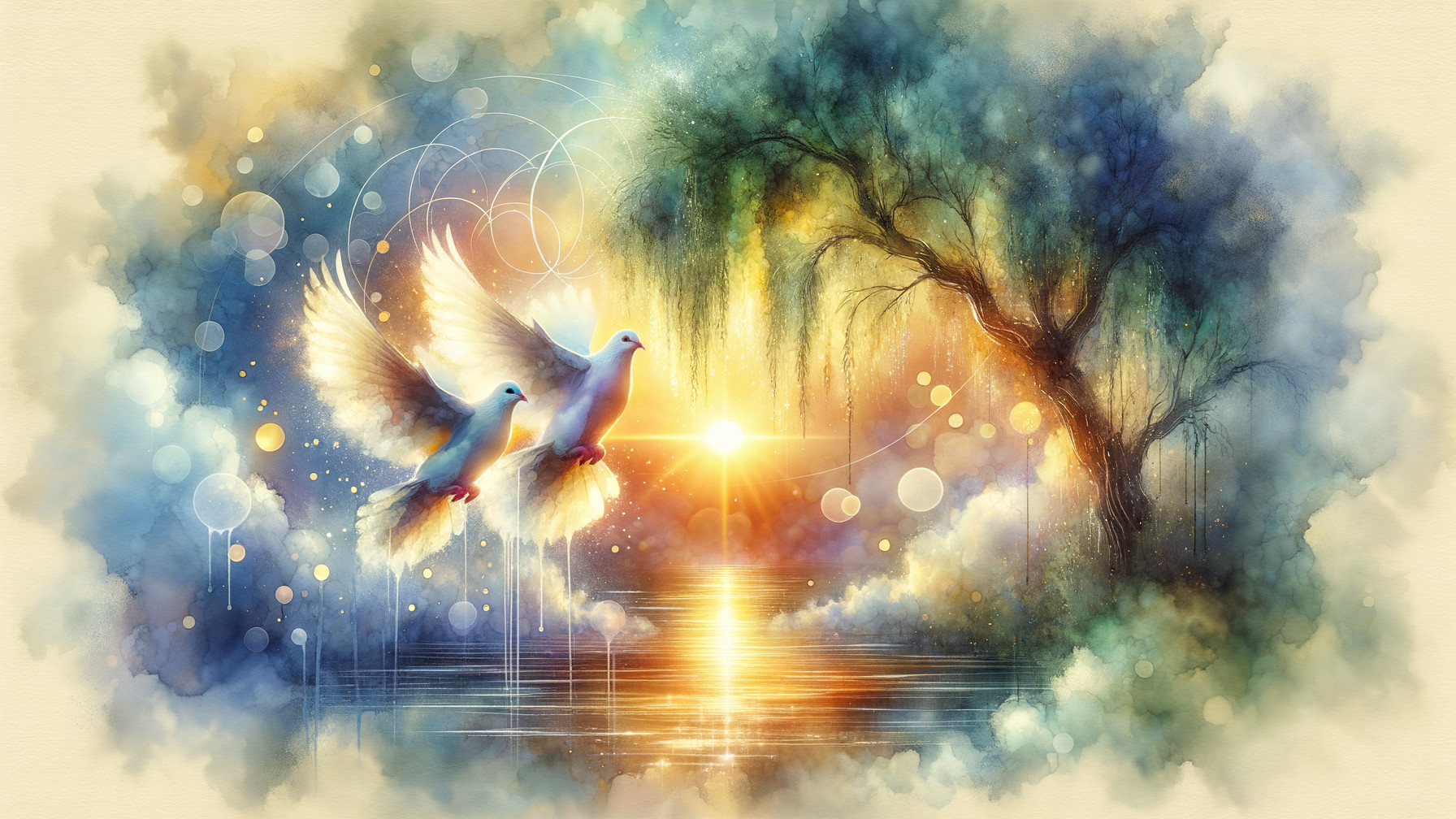 Serene Landscape with Doves and Tranquil River